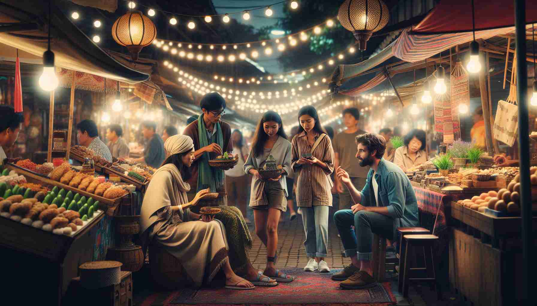 Craft a high definition image of an unconventional meeting taking place in a lively night market. The environment is rife with vibrant stalls selling various exotic food and artisan wares. Different people, a South Asian woman bargaining with a Middle Eastern vendor for antiques, strolling families, and the young Asian couple sharing local street food at the corner add to the diversity. Warm string lights overhead illuminate the scene, casting soft shadows that contribute to the overall dynamic and charming scene of the market after sunset.