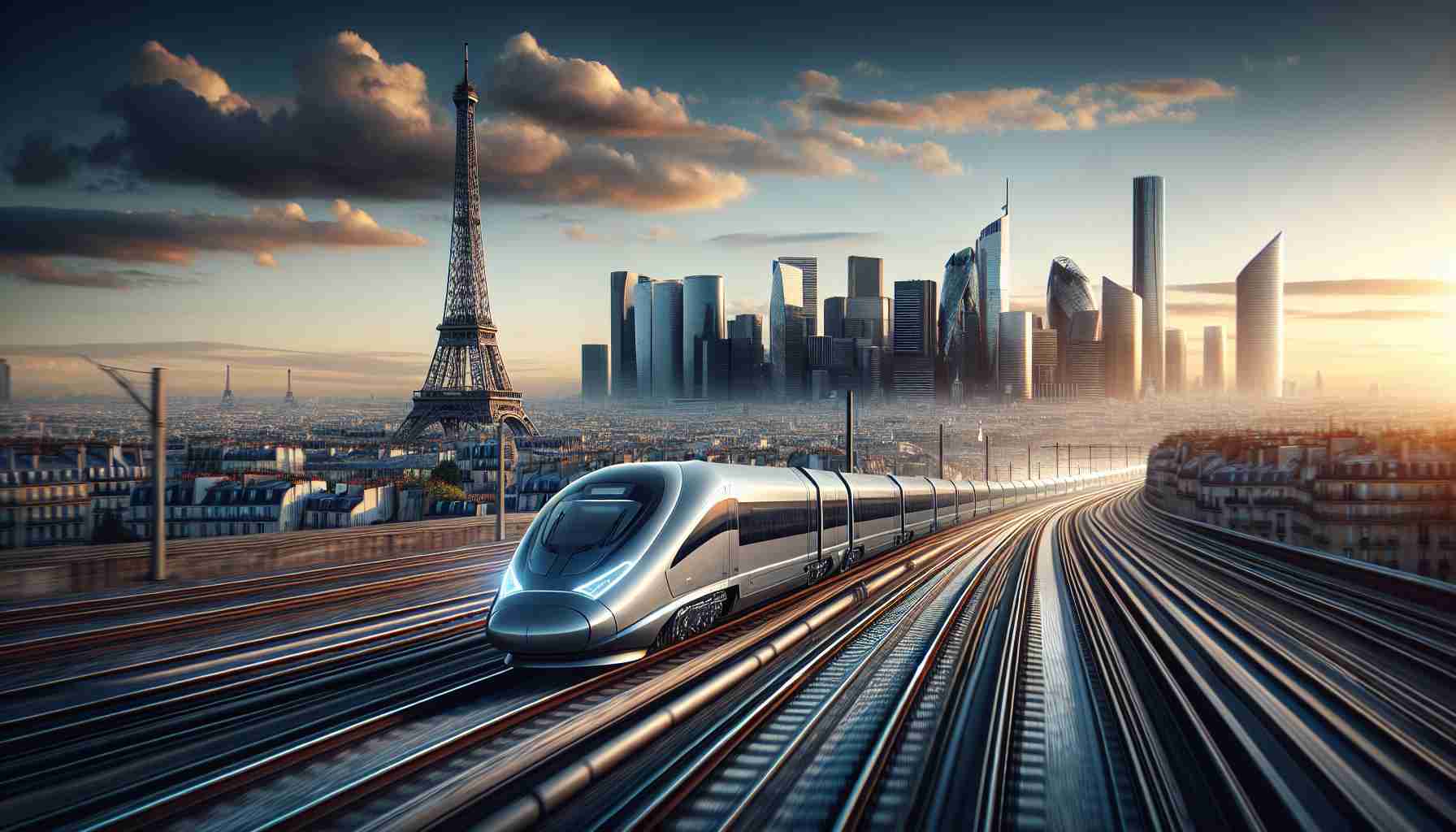 A hyper-realistic, high definition image showcasing the revolution of public transportation. The scene majors on innovative electric trains speeding along train tracks, with the majestic skyline of Paris in the background. The leading train should be sleek and modern, characterized by cutting-edge design and visible electric propulsion elements. Complete the composition with a crisp, dusky sky, and the iconic Eiffel Tower at a distance, standing tall amidst other Parisian architectural wonders.