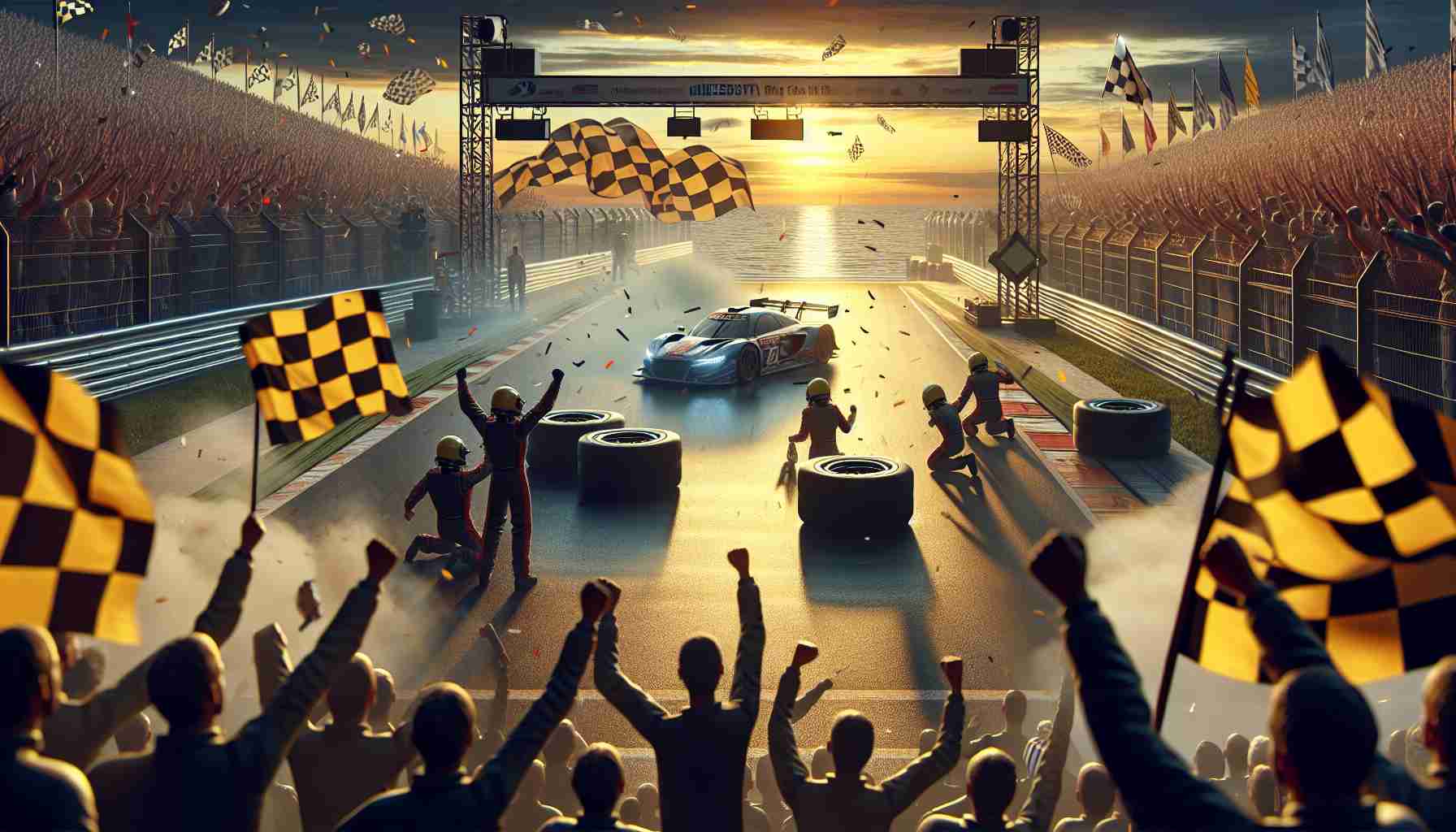 High-definition realistic illustration of a triumphant moment at a car racing championship event termed the 'King of the Track'. The scene captures the atmosphere: spectators cheering, flags waving, and tires smoking under the setting sun.