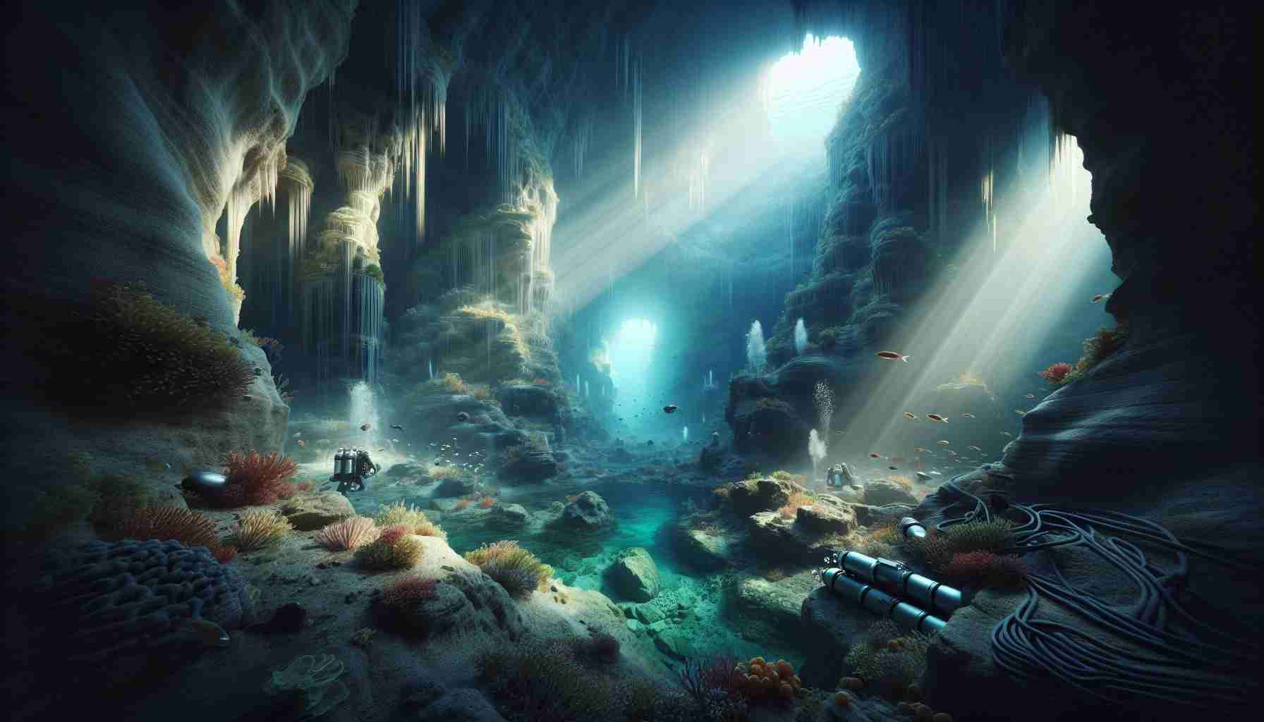 A high-definition, realistic rendering of an underwater cave scene. The surrounding scene is imbued with soft shades of blue and green, illuminating the intricate rock formations and sediment layers of the cave interior. Streams of filtered sunlight enter through occasional openings in the cave ceiling, creating ethereal beams of light and mysterious shadows. Curious marine life such as schools of fish, eels, and colorful coral formations grace the surroundings. In the midst of the exploration, diving equipment is present, hinting at human presence but not showing the human itself.