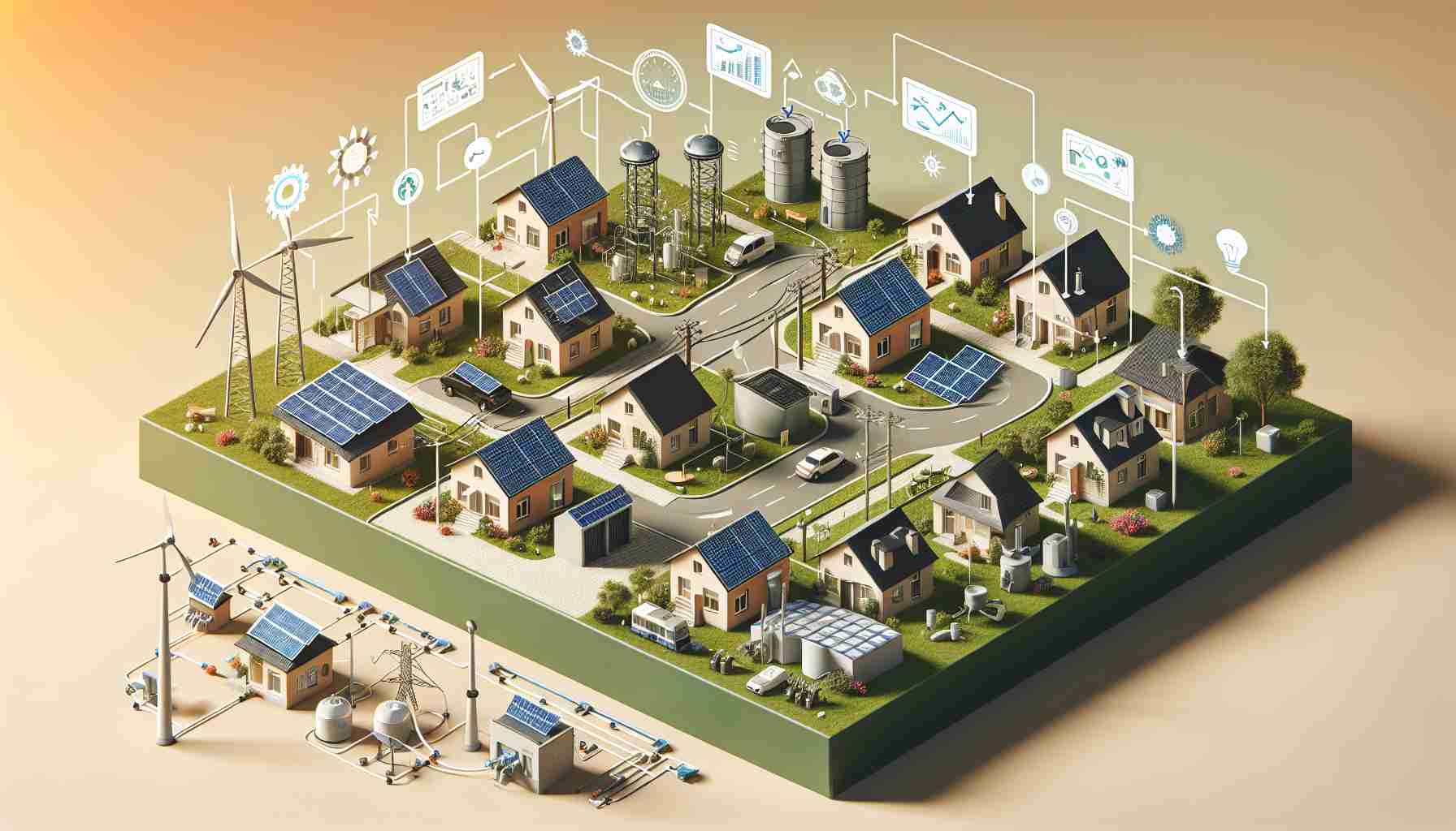 Generate a detailed and realistic HD image depicting the innovative solutions for local energy challenges. This scene should involve different tools and methods such as solar panels, wind turbines, and sustainable energy storage systems. Each piece of technology should be visibly interconnected, showing a holistic approach to energy problem-solving. The setting is a local suburban neighborhood with houses in the background. Overhead, an infographic illustrates the journey of energy from the source through to consumption, and the benefits of these methods.