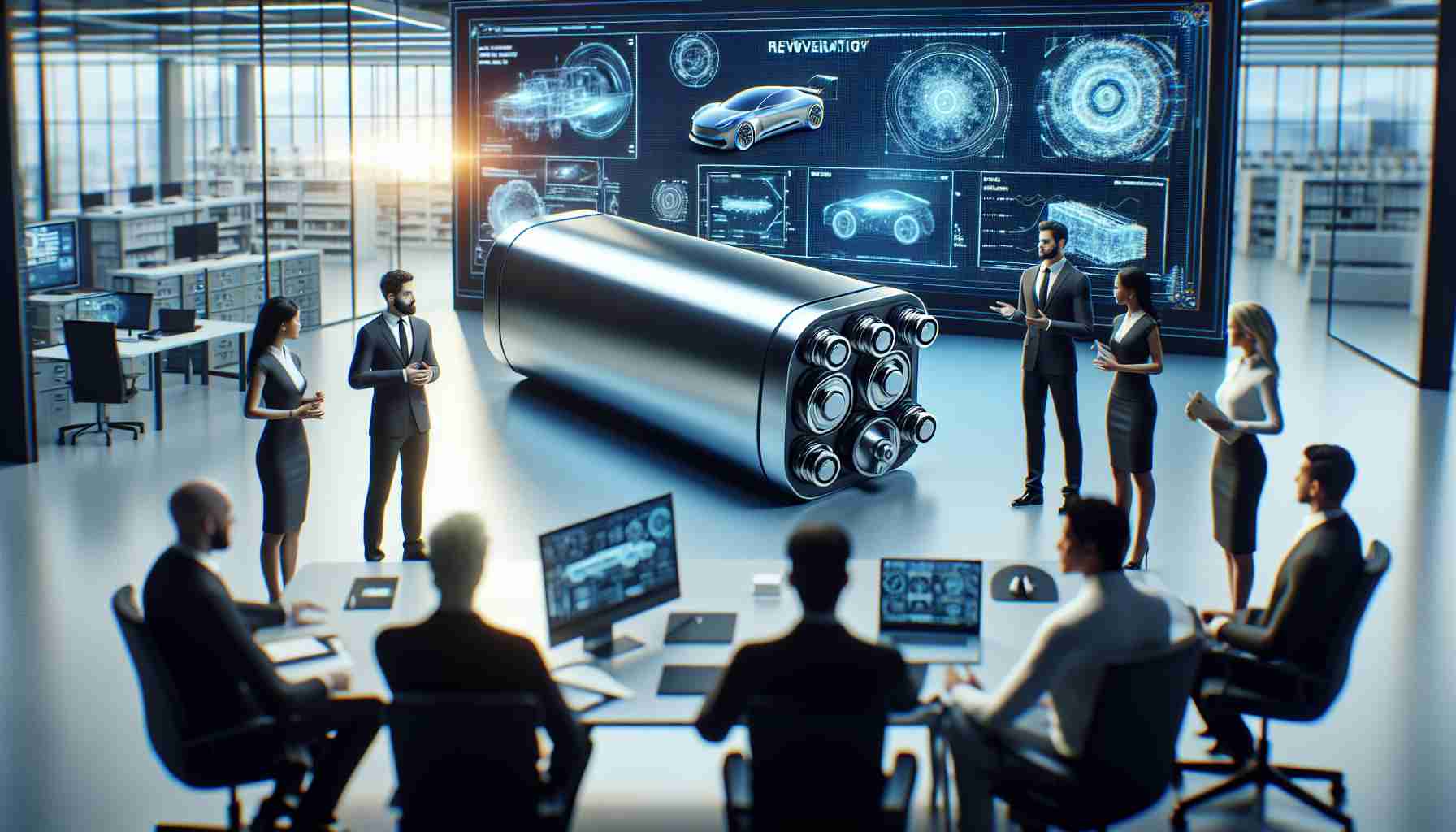 A high-definition, realistic image showing the revelation of an advanced, groundbreaking battery innovation intended for future electric vehicles. The scene captures a sleek and innovative battery showcased in a professional environment, surrounded by technology screens displaying diagrams and schematics. Engineers of different gender and from multiple descents, including Caucasian, Hispanic, and South Asian, are present in the scene, engaging in technical discussions while observing the revolutionary product.