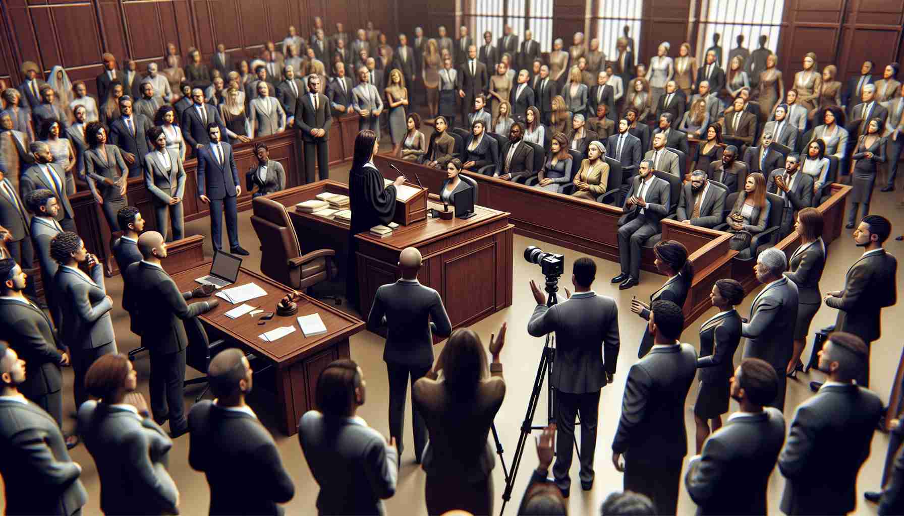 A realistic, high-definition picture of a significant judicial event: a landmark case's decisive moment when the verdict is delivered. The scene includes the following elements: a packed courtroom with observers of different descents and genders, the judge (a Black woman) lodging the gavel, the defendants (Hispanic men), the legal team (a mix of Caucasian, South Asian, and Middle Eastern individuals with different genders), and a skilful court reporter capturing every word. The atmosphere is tense and filled with anticipation.