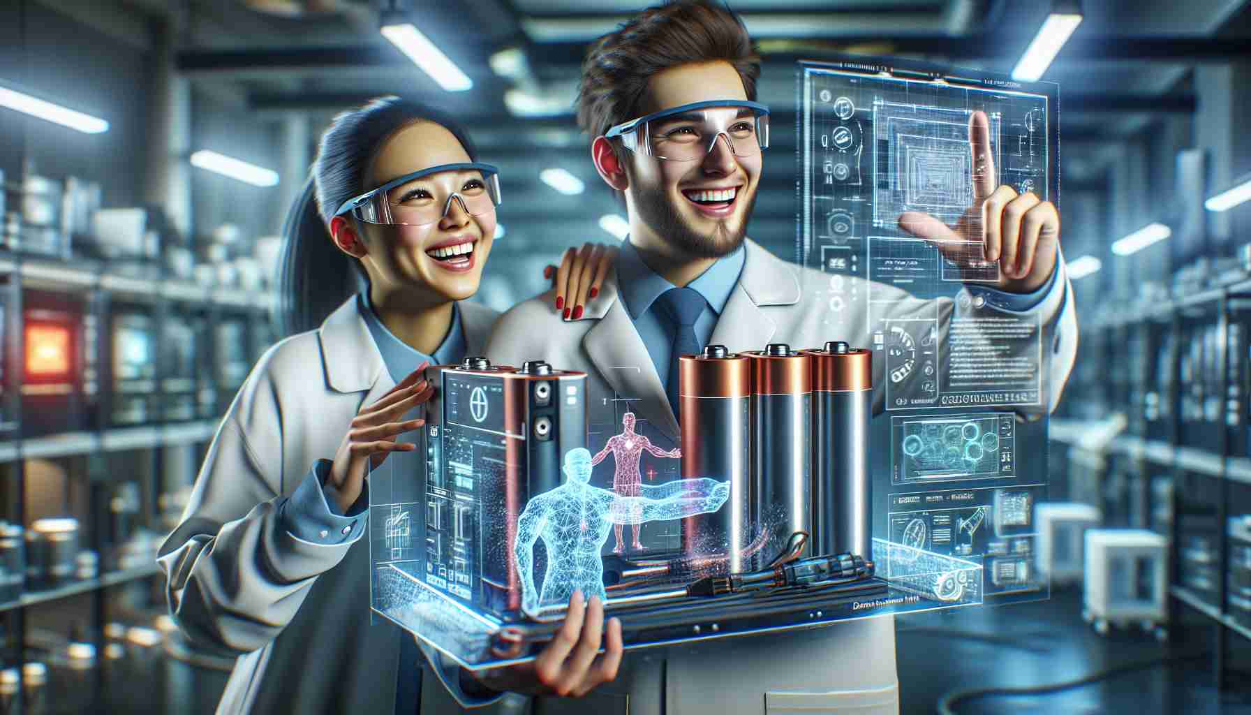 High-definition realistic depiction of two innovators enthusiastically embracing advanced battery technology. The first individual, with an Asian descent and female, is on the left, holding blueprints of the battery design while wearing safety goggles and a lab coat. The second character, a Middle-Eastern male, has a holographic display of the battery projections and wears a futuristic technology suit. Their faces are illuminated with joy and fascination as they stand in a modern, high-tech laboratory filled with various technological devices and tools.