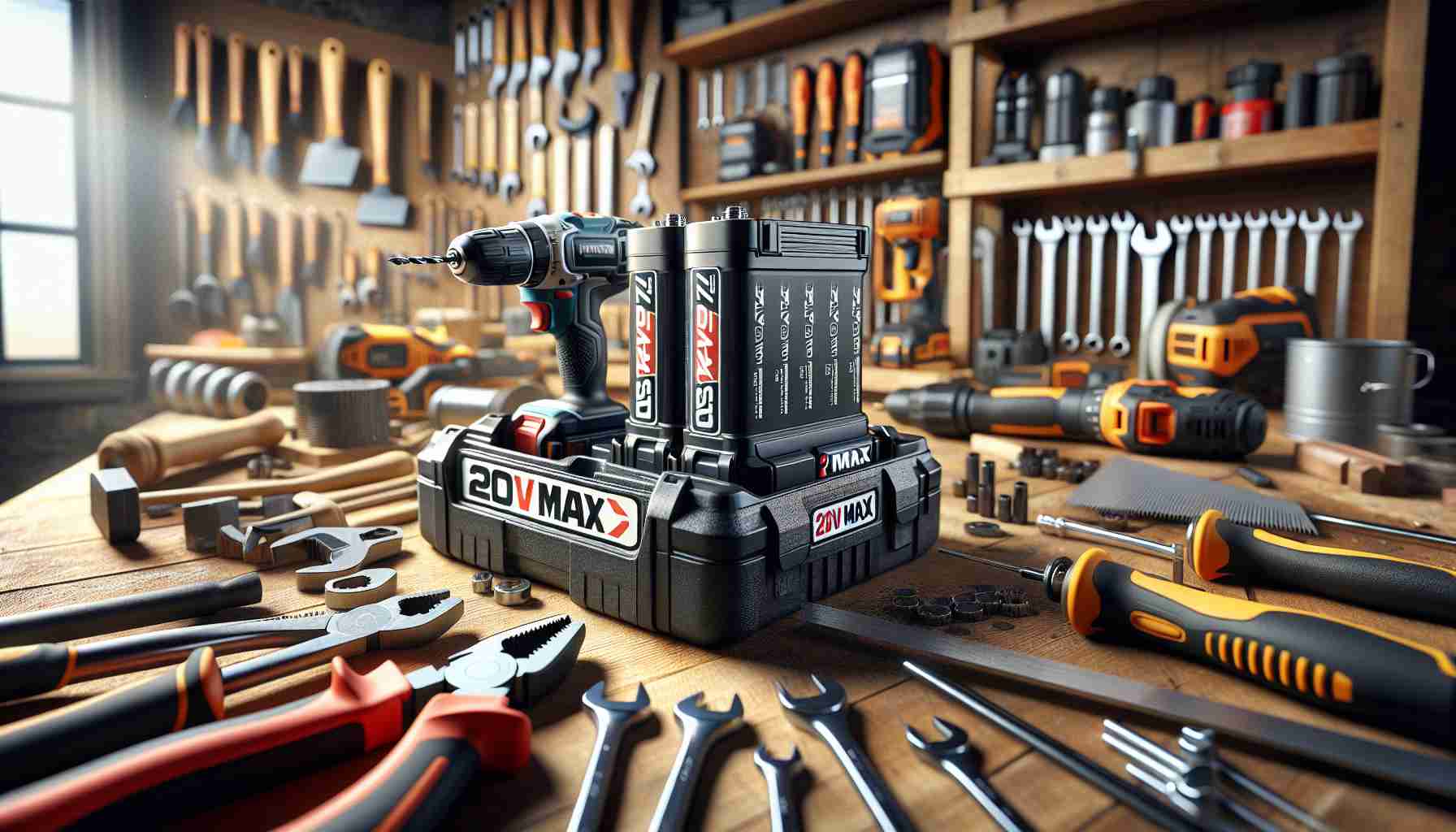 Realistic high-quality image showcasing an arsenal of tools being enhanced with a 2-pack deal of 20V MAX Lithium-Ion batteries. The batteries come from a renowned brand and are prominently displayed among an array of craft tools on a craftsman's workbench, suggesting an upgrade to the existing collection. The scene consists of aesthetically arranged drills, saws and wrenches with a modern battery power source.