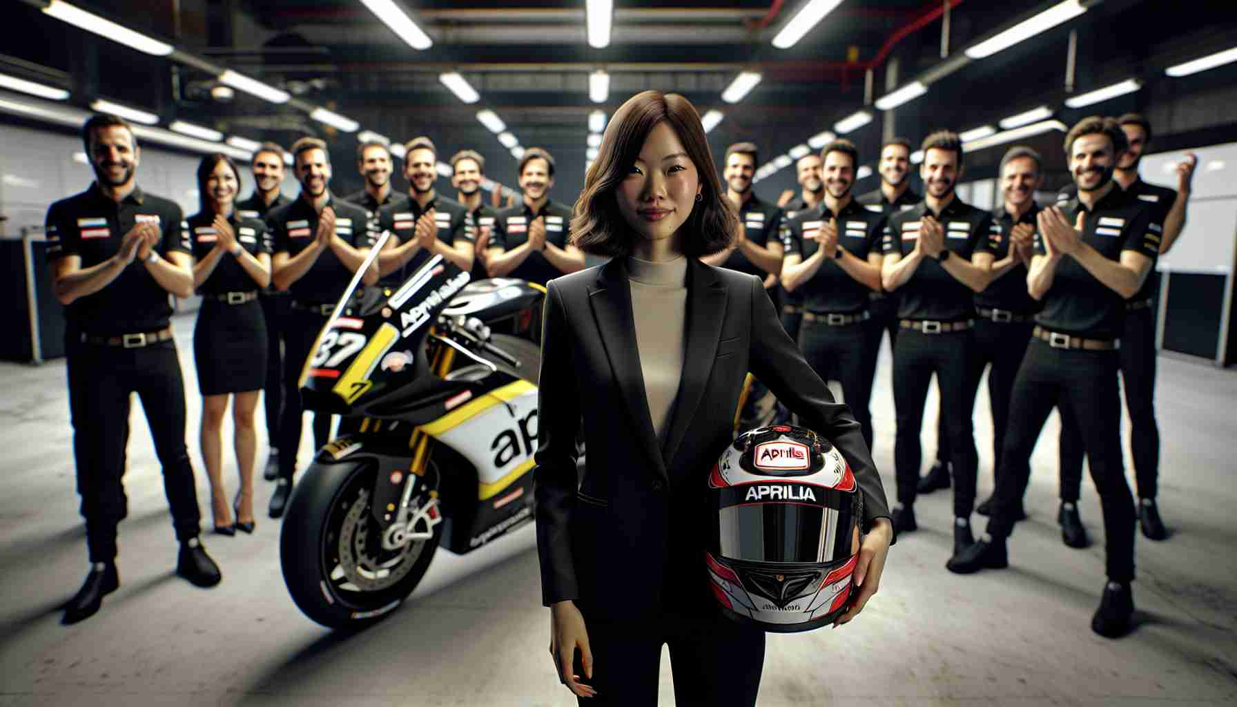 Realistic HD photo of the racing team Aprilia welcoming a new unnamed technical director. The scene showcases a group of diverse racing team members expressing their joy and welcome for their new colleague. An Aprilia branded racing motorcycle stands in the backdrop, gleaming under dimly-lit overhead lights in the garage. The new technical director, an Asian woman with medium-length hair, stands front and center, wearing a professional-looking black suit, and displaying modest pride in her posture. She's holding a helmet embellished with the team's logo.