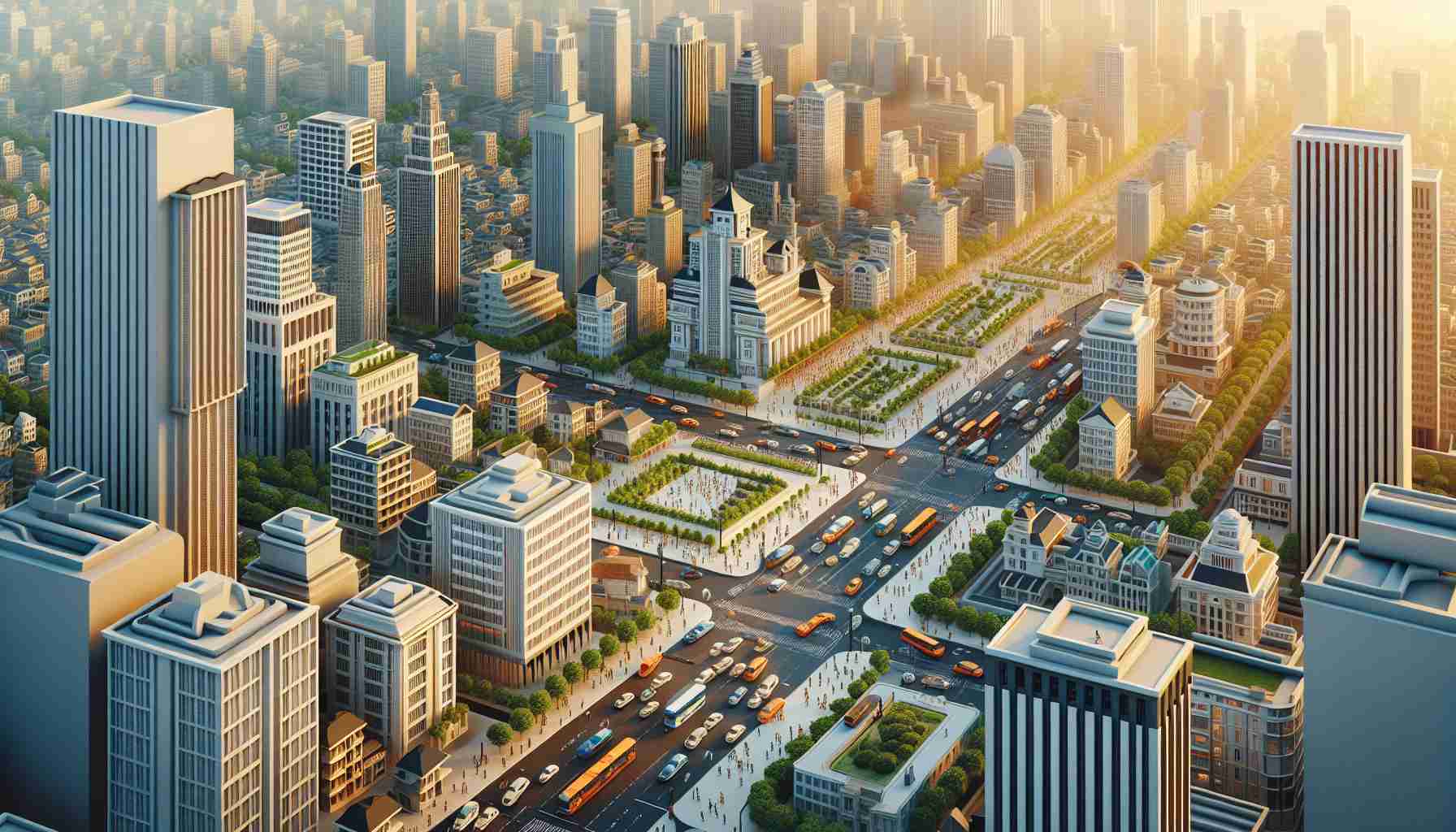 A realistic and detailed depiction in high-definition of perfect balance in an urban environment. The illustration showcases buildings of different architectural styles co-existing in harmony, with organized yet bustling traffic lanes, people of different descents and gender contributing to the lively city life. There are parks amidst the urban sprawl, acting as serene sanctuaries, demonstrating the blend of nature and man-made structures. The light setting is during the golden hour, casting a warm glow over the city, highlighting the peaceful co-existence of various elements in an urban setting.