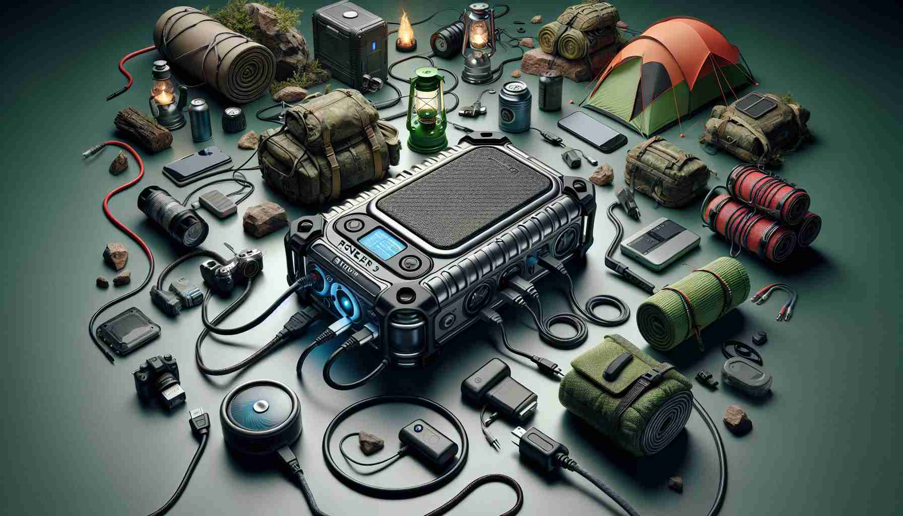 Create a highly realistic and detailed image depicting the exploration of an ultimate portable power companion. Take inspiration from the concept of EcoFlow River 3, showcasing a robust and compact power device surrounded by a variety of outdoor camping gear like tents, lanterns, and hiking equipment. The device should be in the forefront with wires connected to different gadgets. Emphasize the power capacity of the device by illustrating it powering multiple utilities at once in a remote outdoor setting.