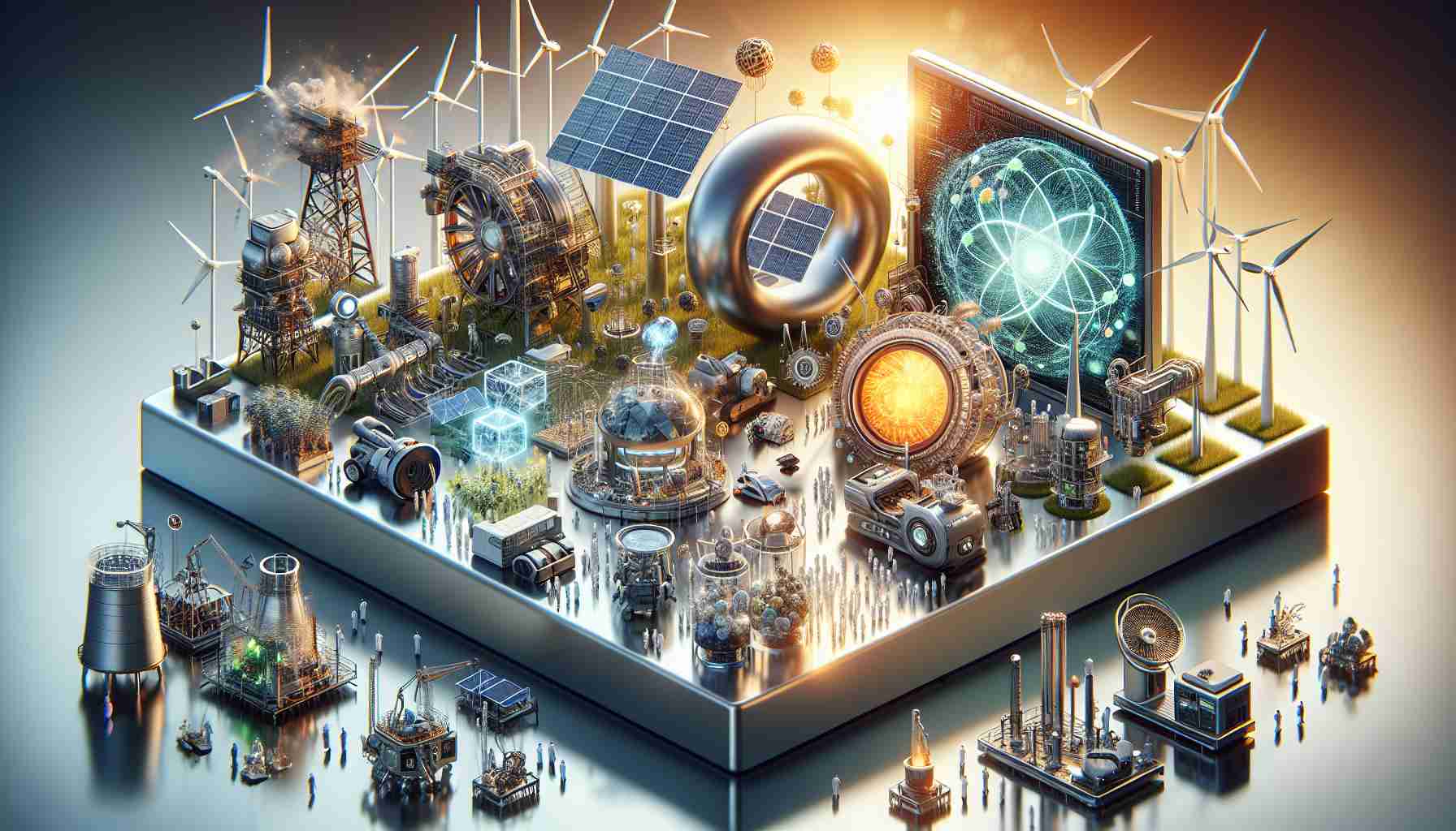 A high-definition, photorealistic rendering of a partnership in revolutionary energy technology. See an assortment of machines and gadgets, each representing different forms of sustainable and innovative energy. There should be solar panels catching the sunlight, wind turbines spinning in the wind, and geothermal plants harnessing the heat of the Earth. Also include a futuristic device depicting a potential breakthrough in nuclear fusion technology. Please depict a diverse range of researchers from different genders and descents, all working collaboratively, to symbolize the global collaborative effort in this field.