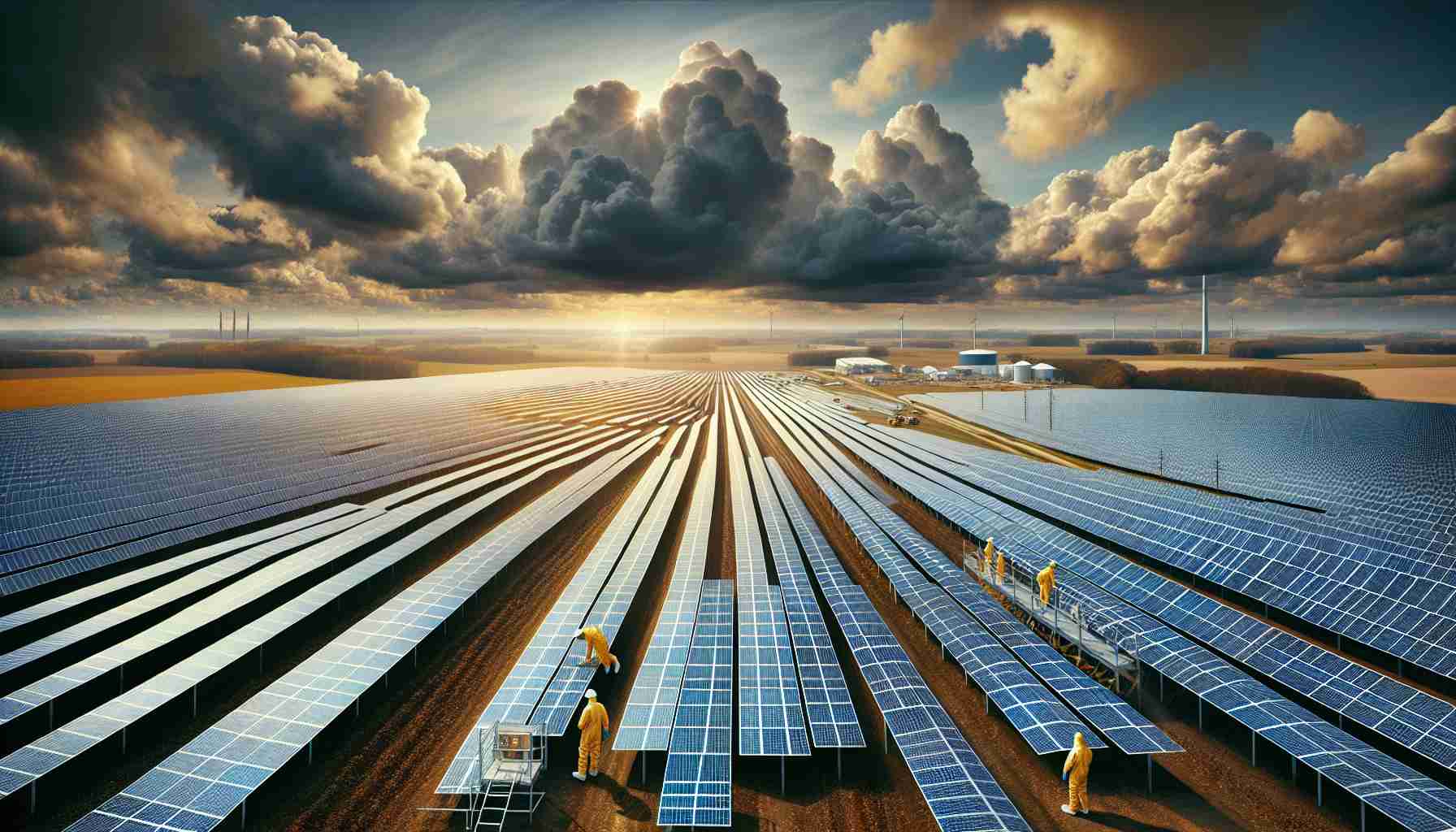 Create a high-resolution, lifelike image depicting a scenario where solar projects in a place similar to Starke County are put on hold due to rising concerns. Show multiple solar panels positioned in a vast field under a cloud-filled sky, hinting at potential issues. Include a combination of close-up and distant shots of the solar panels, with individuals in protective gear inspecting the panels.