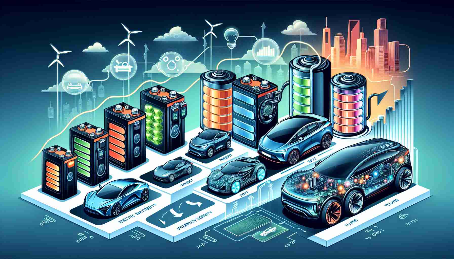 Illustration depicting the progression and potential future of electric vehicle batteries. The image takes us from the present situation, where electric vehicle batteries are displayed with contemporary components and features, towards the future, where revolutionary technologies and advancements are depicted. These futuristic batteries should be represented with advanced materials, increased energy density and showcasing wireless charging capabilities, amongst other enhancements. Also present is a hybrid battery showing a transition phase. Let's have a graphical representation of the decreasing carbon footprint beside them. The whole picture is to be rendered in a high-resolution, realistic style.