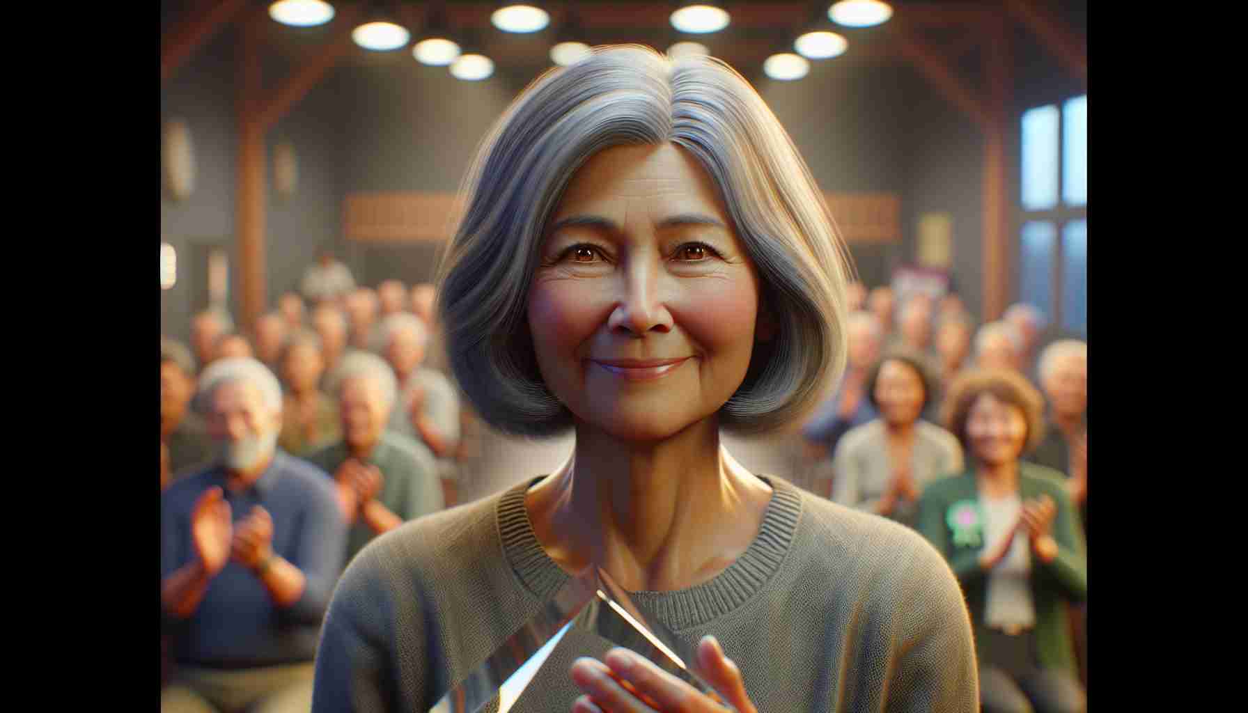 A high-definition realistic image of a local woman, showing signs of joy and accomplishment, being honored for her extensive contributions to her community. She is of South Asian descent, in her 50s with medium-length grey hair and intelligent, sparkling eyes that have witnessed the ups and downs of her work. She is receiving an award in a small town event with a modest crowd gathered applauding her efforts. The award is a beautifully crafted token of recognition, glistening under the warm glowing lights of the community center.