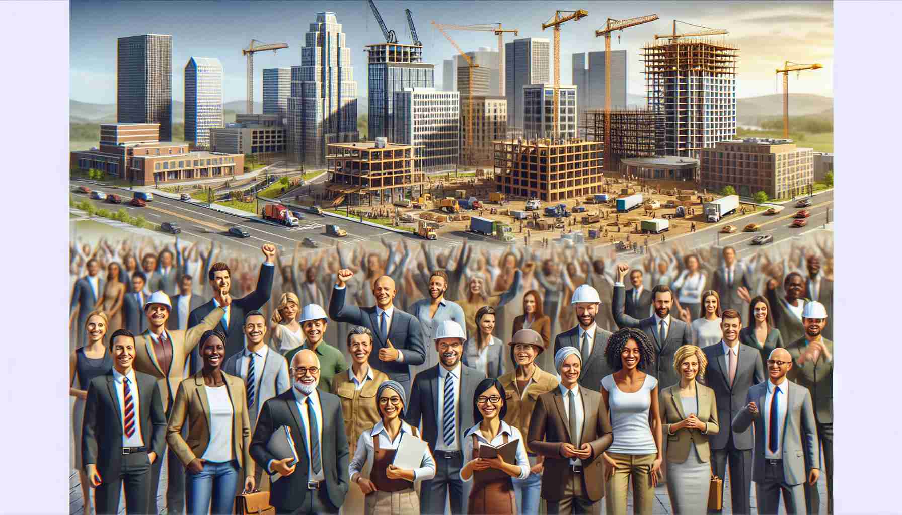 A photo realistically depicting the economic development in Danville and Pittsylvania County. Visualize the bustling activity of new businesses, the thrum of construction as buildings rise, and the joy and determination on the faces of newly employed individuals. Include diverse representation in terms of gender and descent among the workers and business owners. Be sure to convey the sense of energy and optimism engendered by the substantial investment made in these regions.