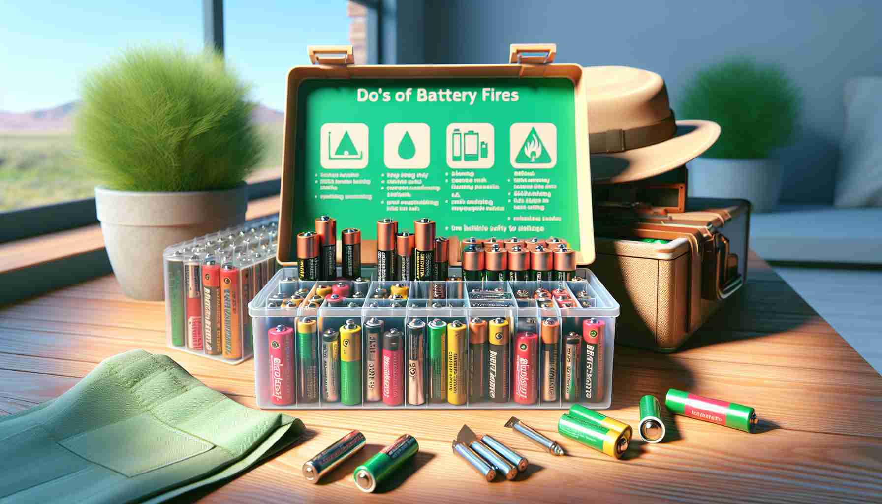 Generate a high-definition realistic image that tells a story about the prevention of battery fires. It should feature different types of batteries, including AAA, AA, and 9-volt, being stored separately in non-conductive storage cases. They sit on a wooden table within a cool, dry, clutter-free environment to reduce the risk of overheating. The image should have a green safety placard detailing the do's and don'ts with batteries to guide safe practices. It's a bright day, and the natural sunlight enhances the safety message, highlighting the importance of proper battery safety.