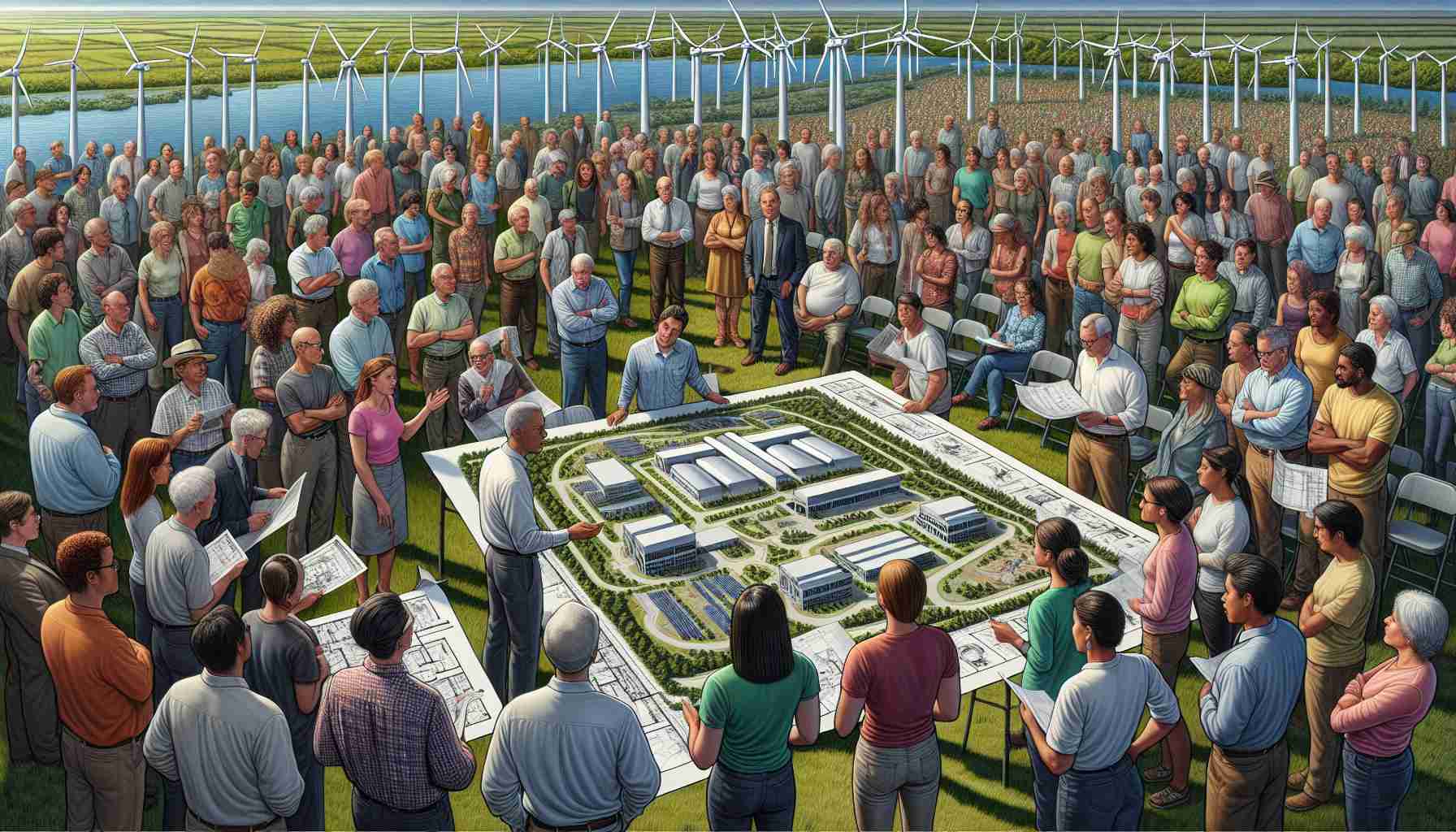 Detailed, high-definition image illustrating a scene of community engagement regarding a proposed green energy plant. The image includes a diverse mix of community members, spanning various ages, genders, and descents like Caucasian, Hispanic, Black, Middle-Eastern, and South Asian. They're shown examining blueprints and diagrams of proposed wind turbines, solar panels, and other sustainable energy generators. These community members are expressing varying levels of concern, skepticism, approval, and curiosity, as suggested by their body language and facial expressions. Depict the proposed facility in the background, incorporating elements of nature to emphasize its sustainability.