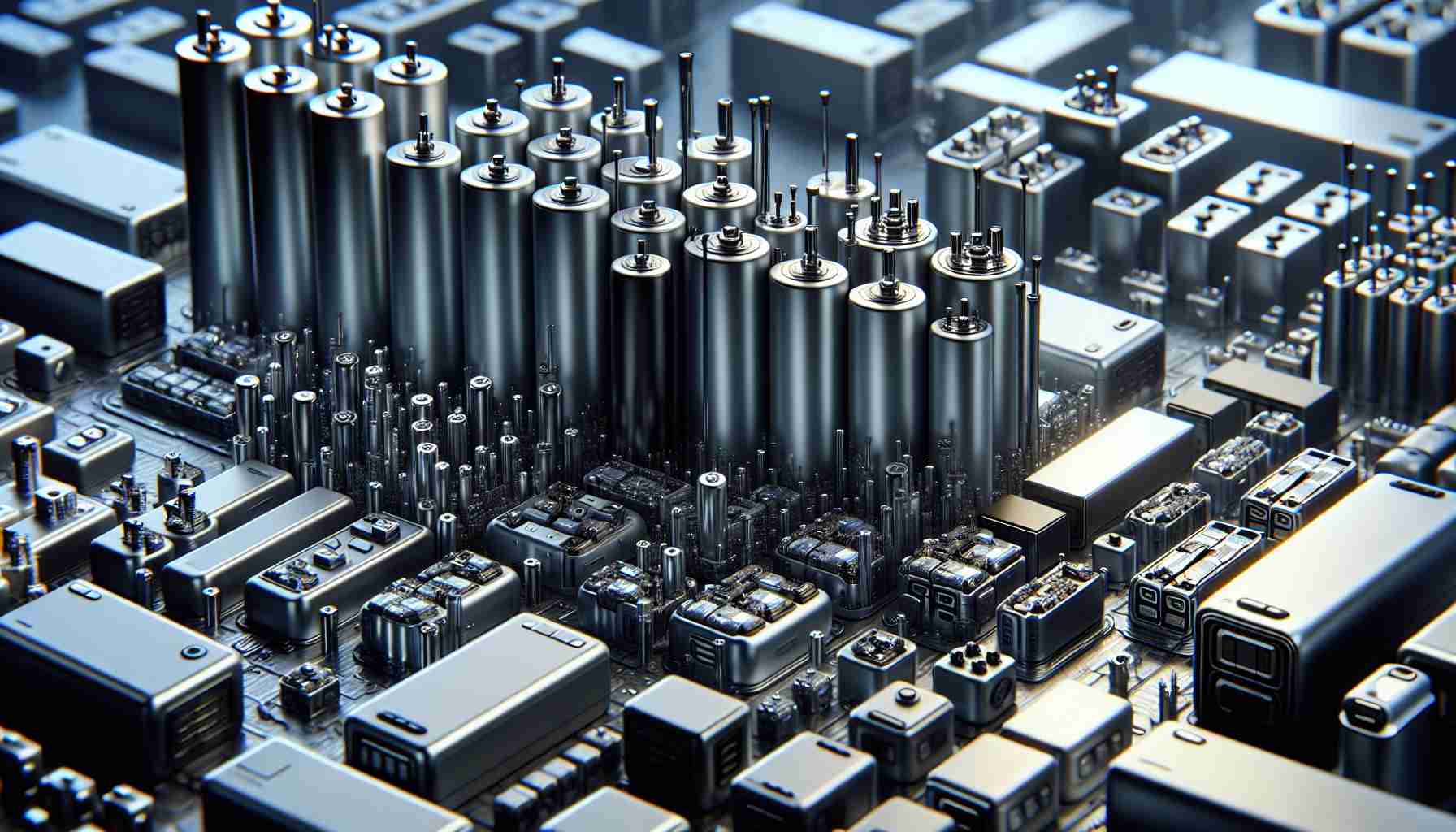 A highly detailed and realistic image showcasing various new configurations of lithium-ion batteries, designed for different market segments. The scene should illustrate different shapes, sizes, and designs of these batteries, each optimally engineered for its specific intended use. Some are slender and elongated for portable electronics, others are robust and dense for automobiles, and so on. The scene should also titillate the viewers with futuristic elements to signify the advanced and novel nature of these batteries.