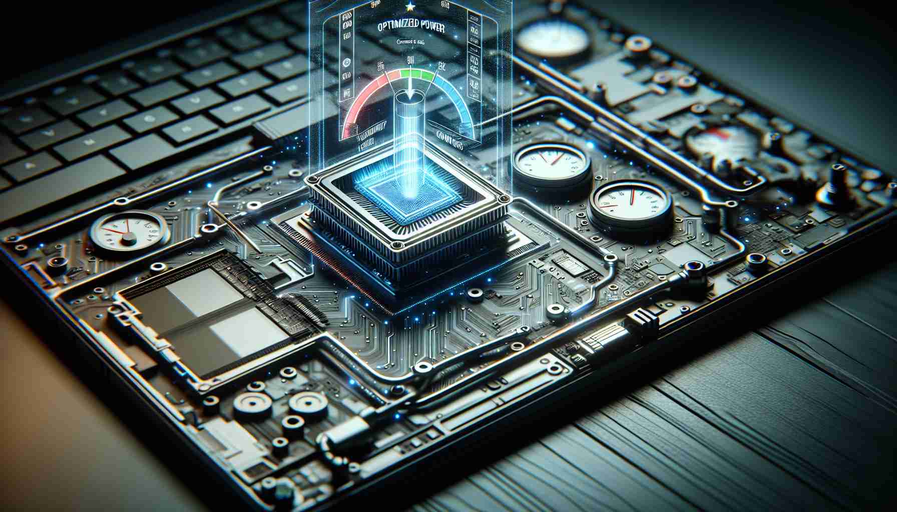 A highly detailed and realistic image showcasing the significance of Neural Processing Units (NPUs) in enhancing the battery life of a laptop. Depict a laptop with a graphical representation of its internal system showing the NPU and its correlation with the battery. It would be helpful to include gauges or meter-like visuals to represent optimized power levels due to the NPU. The overall atmosphere should communicate the essence of efficiency and technological advancement.