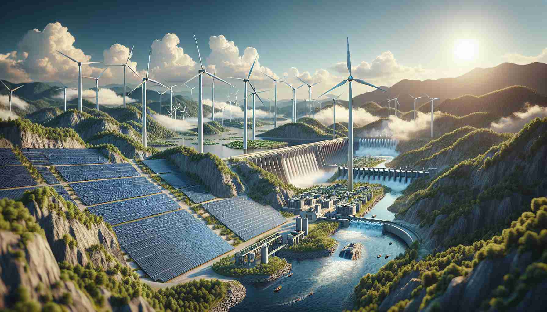 Realistically detailed image in high resolution showing a revolutionary, sustainable energy infrastructure. The scene should feature a variety of eco-friendly technologies, such as a vast array of solar panels covering a field, enormous wind turbines rising against a clear blue sky, a hydroelectric dam harnessing the power of a rushing river, and a geothermal plant nestled amidst a rugged landscape. It should illustrate the grand scale of the operation, emphasizing the harmony between these structures and their surrounding environment, while also capturing the future of energy production.