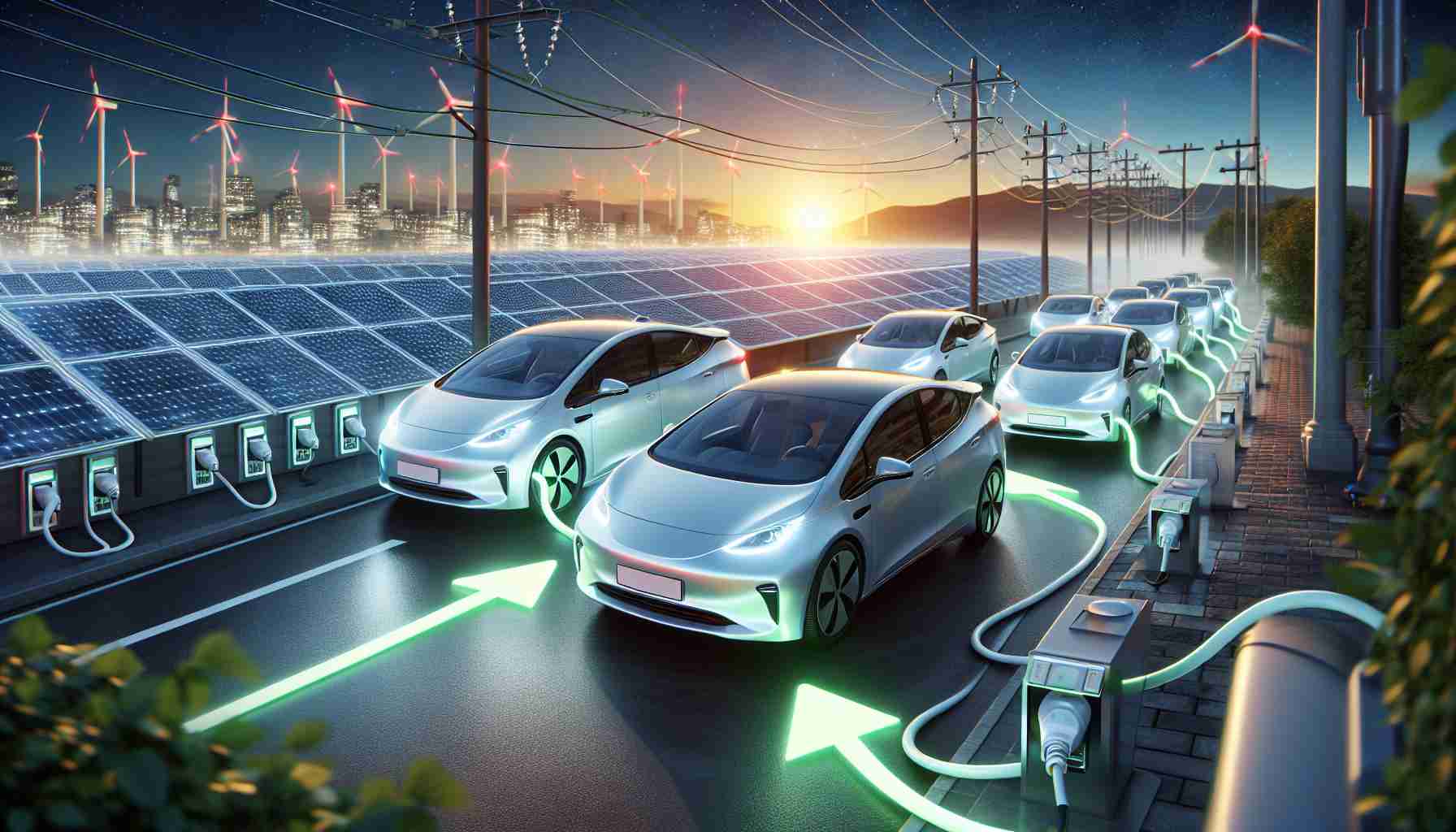 Realistic high-definition image displaying the concept of the future of energy: Transforming electric vehicles into power sources. Imagine a scene where electric cars are plugged into a power grid, transferring excess energy back into the system. The cars have softly glowing lights to indicate they are charging, but some are showing arrows going in reverse, indicating that they are feeding power back into the grid. The background should include sustainable cityscape with wind turbines and solar panels demonstrating renewable energy sources.