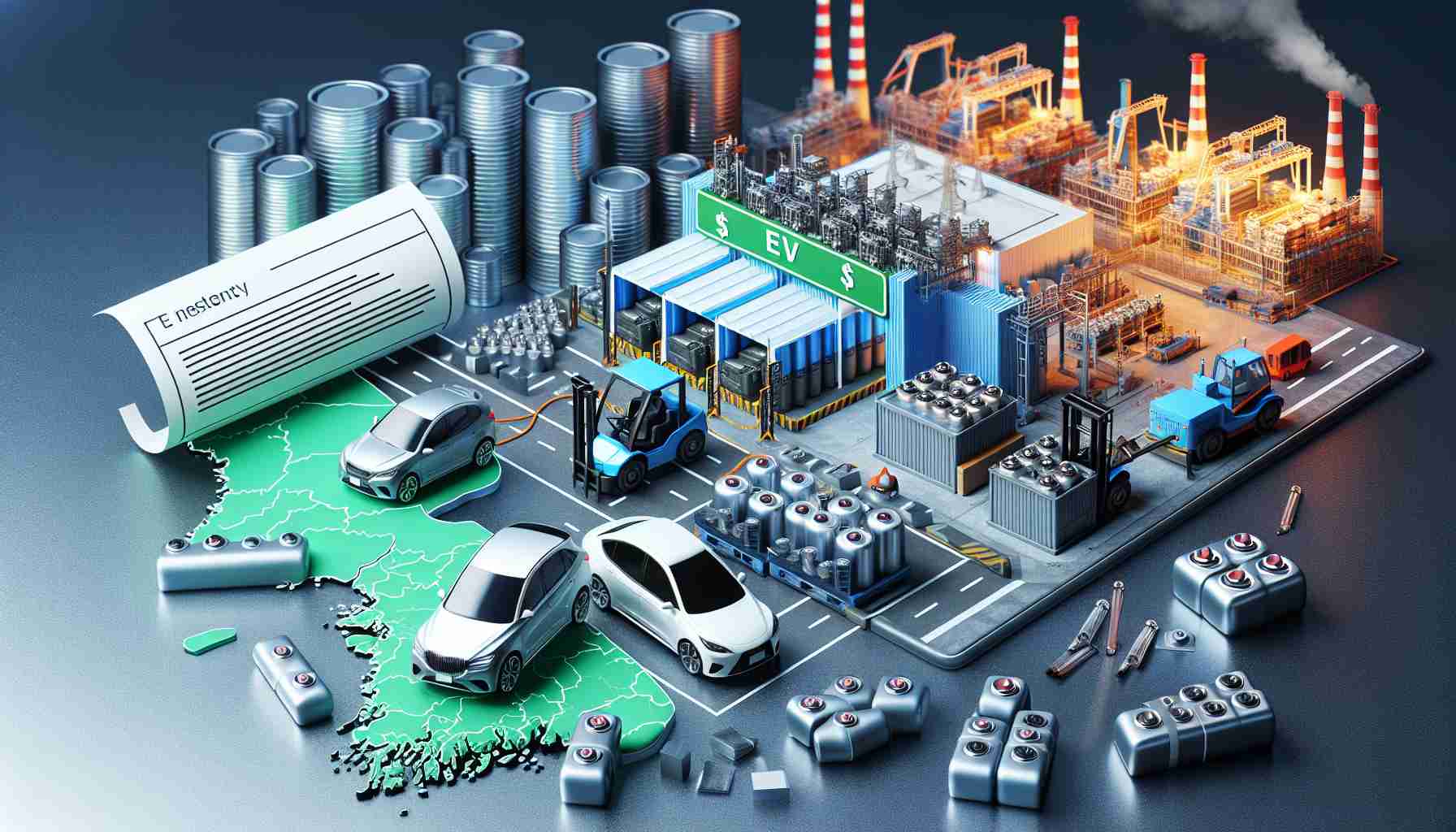 A high-definition, realistic depiction of the impact of changing electric vehicle (EV) tax incentives on battery manufacturing in South Korea. The image should include visual elements such as tax forms, electric powered vehicles, a map of South Korea, and manufacturing machinery, symbolizing the battery production industry.