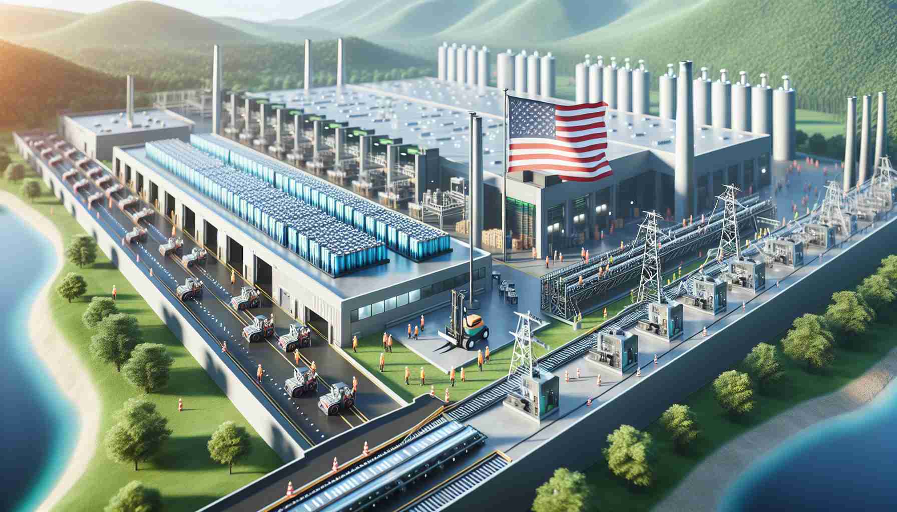 High-definition, realistic image of a conceptual representation of the expansion of a large, nondescript battery production company into the U.S. market, focusing on all-solid-state batteries. Depict a factory setting with newly constructed buildings, conveyor belts busy with batteries, and workers in safety gear. Feature an American flag to signify the U.S market. The surrounding environment suggests a positive, thriving scenario indicative of expansion and growth.