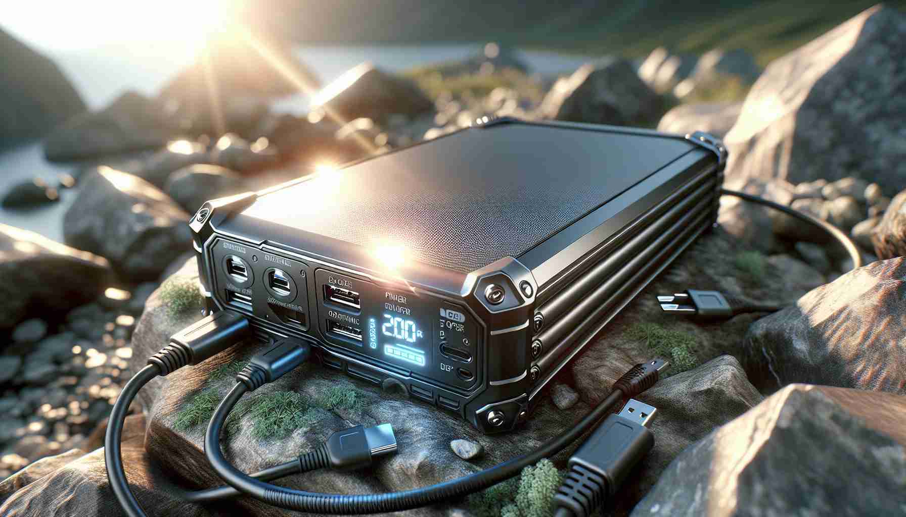 A highly detailed, photorealistic image displaying the latest in portable power solutions. Capture the technological advancement in its sleek design, compact size, and modern aesthetics. The device might feature LED lights indicating power levels, a variety of ports for different electronics, some in open use, and a durable casing. Embed it in a scenery suggestive of an outdoor adventure to underline its portability. Include sunlight gleaming on its surface to highlight its efficiency and renewable energy capabilities.