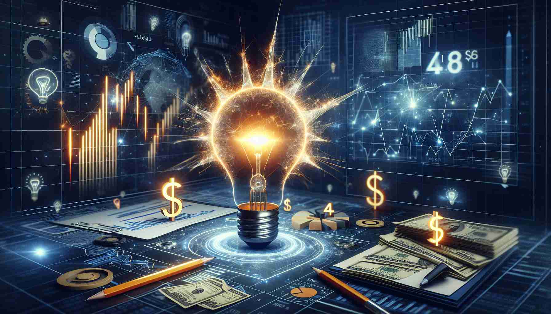 A realistic high-definition image illustrating the concept of new energy innovations, symbolized by a sparking light bulb or lightning bolt, surrounded by financial elements like graphs and charts to show an investment of 44 million dollars. The scene could have a futuristic or tech-inspired aesthetic.