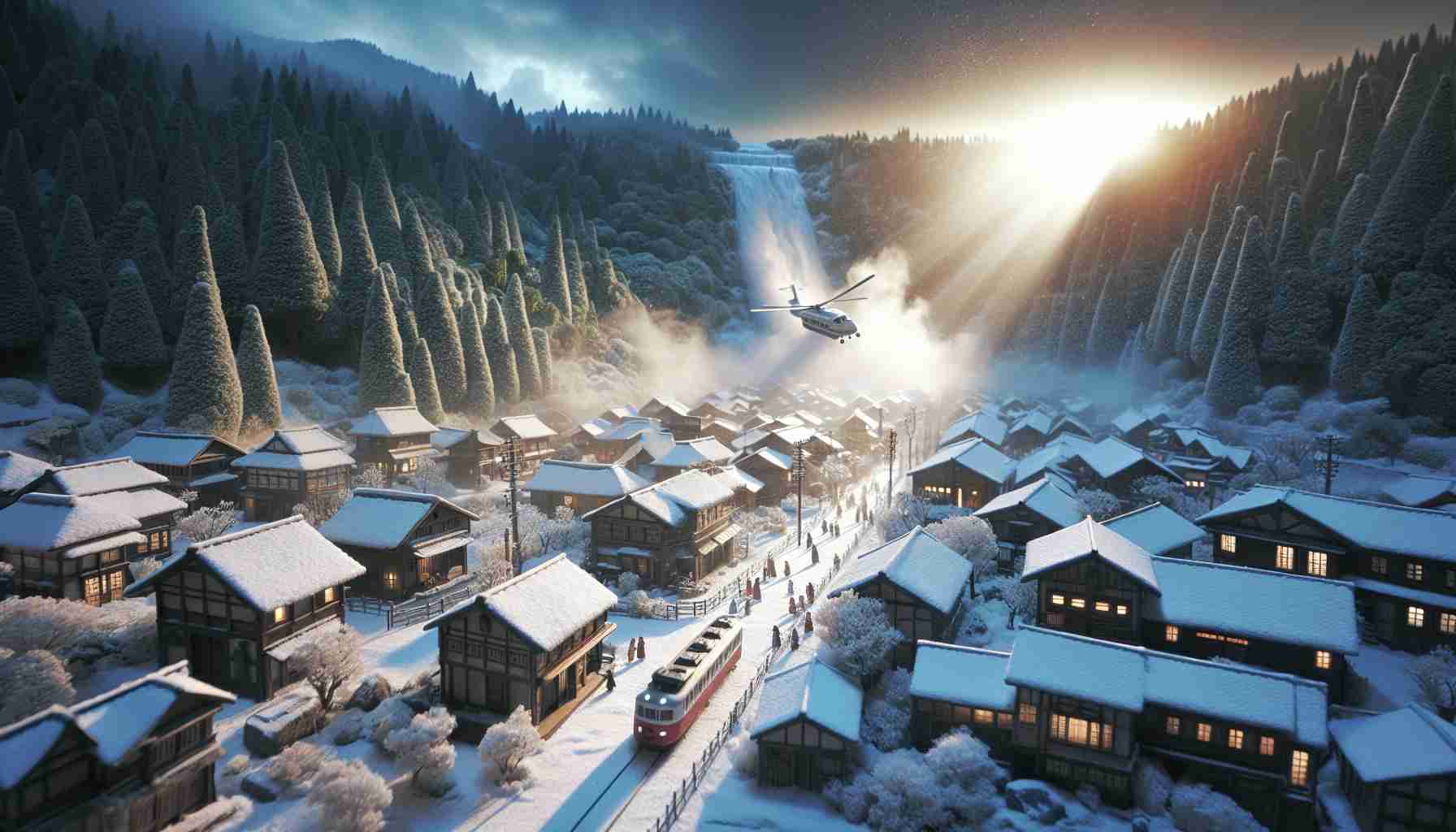 Create a detailed and high-definition image of a surprising event taking place in a location reminiscent of a small town blanketed under snow. The scene should captivate emotions of astonishment and intrigue, highlighting the shock and awe that the townsfolk are experiencing.