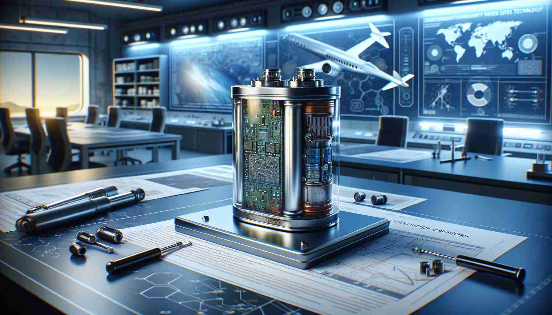 A high-definition, realistic image showcasing the breakthrough in battery technology for future flight technology. The scene includes a sophisticated laboratory environment with state-of-the-art tools and devices. The focus is on a standout, revolutionary battery with a unique design that foretells advanced and efficient power solution. The battery, in a shiny metallic casing, highlights intricate circuitry and compact configuration, indicative of high capacity and longer lifespan. Also visible are documents and diagrams related to the design and working of the battery, suggesting the innovation and progress in the aviation industry.