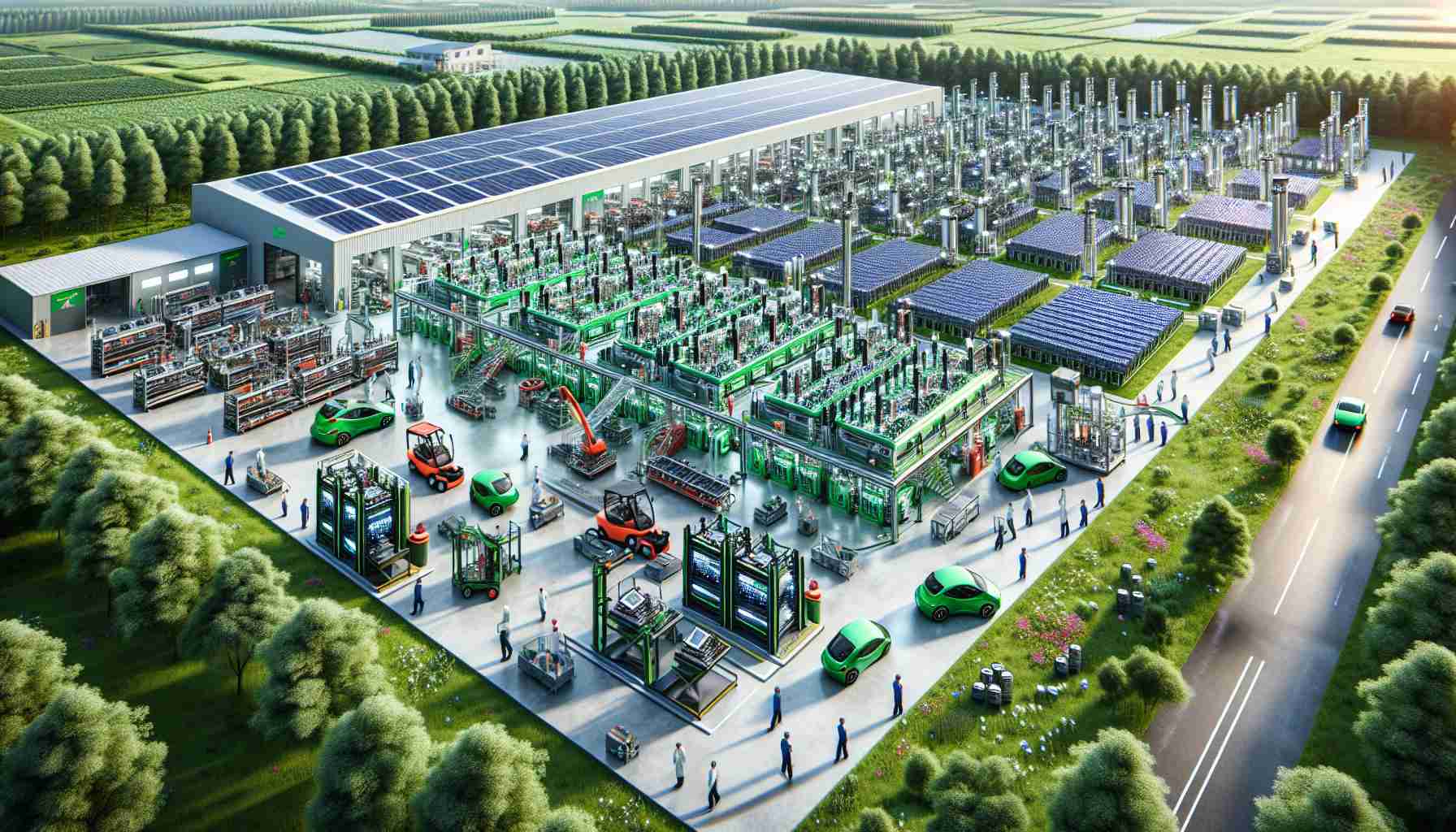 Imagine a realistic HD photo of a new lithium-ion battery plant located in a typical county setting. The plant is cutting-edge, laden with rows of advanced machinery where batteries are being assembled. Nearby, workers of diverse genders and descents can be seen coordinating operations. The plant brims with green technology - LED lights, solar panels providing power, and assembly lines running on sustainable energy. The setting is adorned with extensive greenery, reflecting its harmony with nature. The revolution in green technology is not only palpable but also visually manifest.