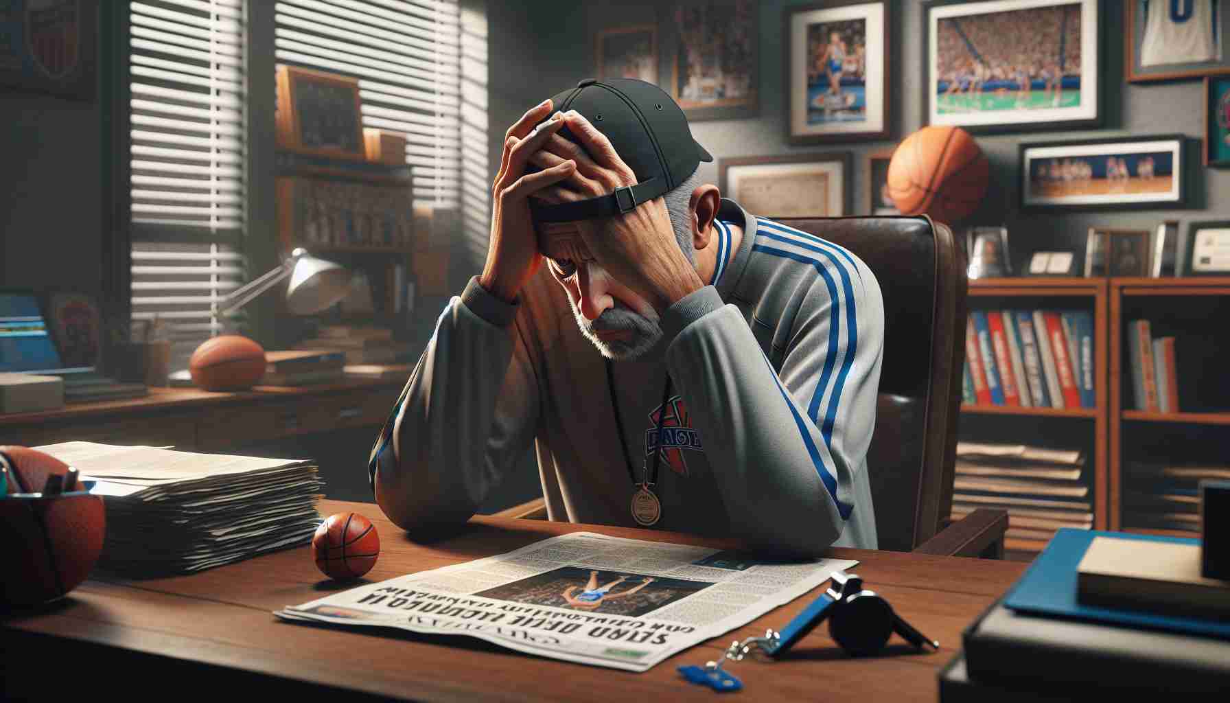 A high-definition realistic photo of a distressed middle-aged Caucasian male wearing a gray tracksuit, black cap and a whistle around the neck, sitting in his office filled with basketball memorabilia. He is hunched over his wooden desk, his hands clasping his head, looking down with a dejected expression, setting a somber mood in the room. A newspaper lies unfurled on the desk with a striking headline 'College Coach Faces Allegations of Misconduct', adding to the palpable tension.