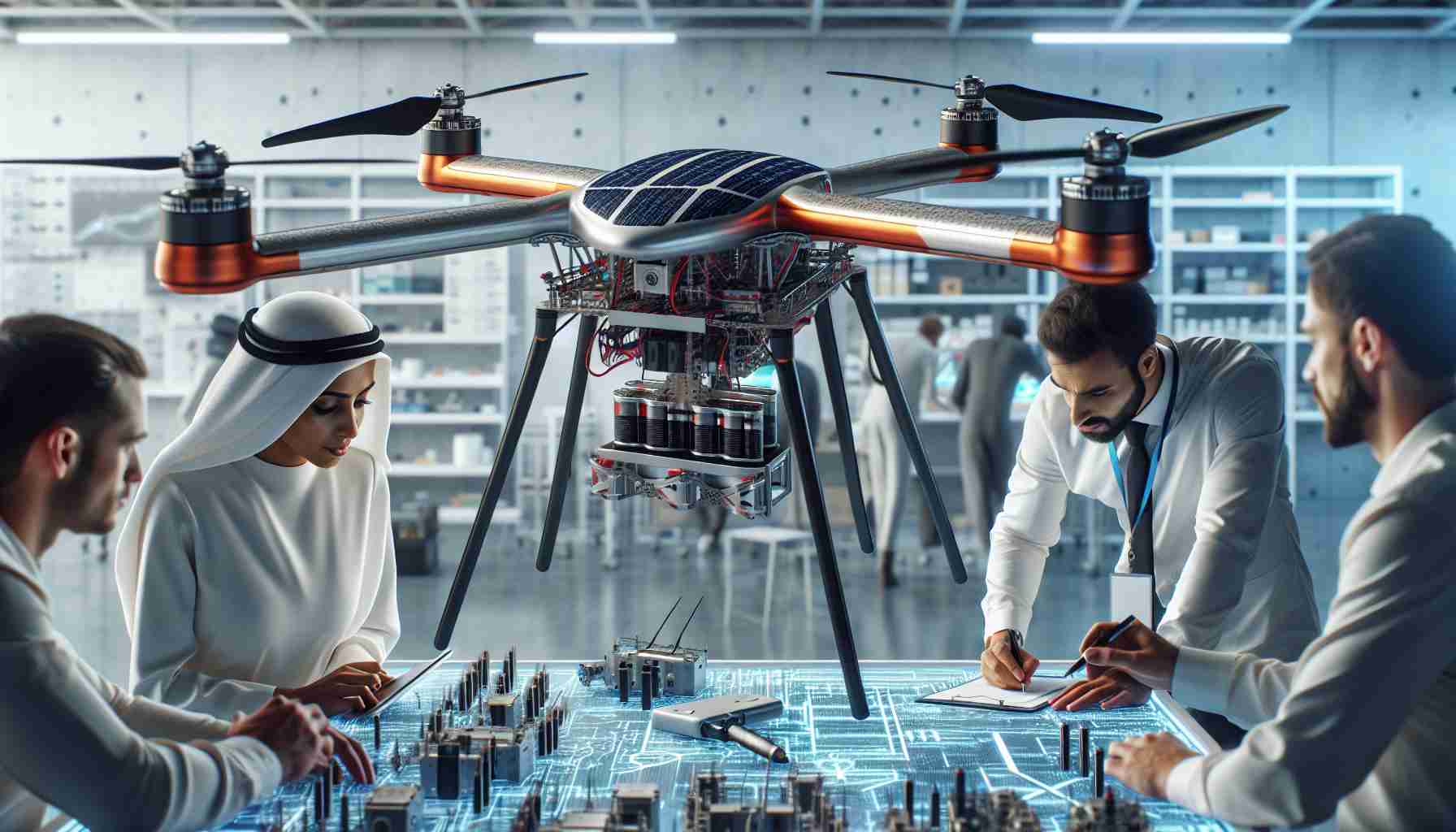 Generate a high-resolution, realistic image of cutting-edge technology in drone power solutions. Depict a drone with advanced solar panels on its wings, and show some innovative battery compartments. The drone is hovering above a tech lab filled with various prototype devices. A Middle-Eastern woman, an expert on drone technology, is inspecting the drone, while a Caucasian man, an electrical engineer, is taking notes on a clipboard. Both are engaged in the process of revolutionizing drone energy sources.