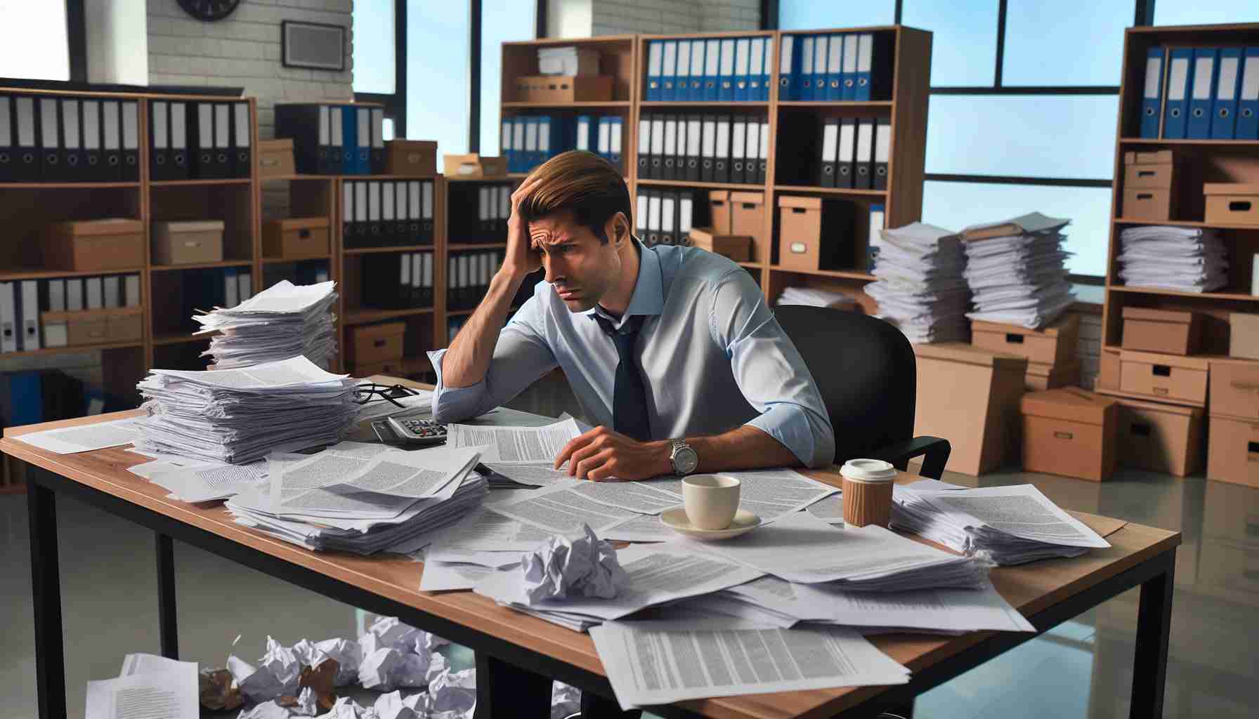 Generate a High Definition image illustrating a scene where an adult Caucasian man is visibly distraught. He's sitting in a spacious office flushed with papers, legal documents, and case files scattered all across the desk and floor. The atmosphere in the image should be still and tense, evoking the struggles of confronting legal issues due to various incidents. Include unopened letters from law offices, multiple coffee cups, and display a look of worry and stress on the man's face.