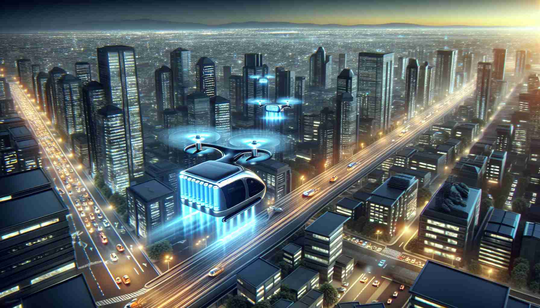 A realistic, high-definition image showcasing the innovative use of cutting-edge battery technology in the field of urban air mobility. The scene features an advanced cityscape with autonomous air taxis being powered by these next-generation batteries. The air taxis are sleek and futuristic, aptly representative of the revolution in urban transport. Enhanced energy storage capabilities of these batteries are visibly indicated by extended flight routes and prolonged operation times of the air taxis. The cityscape itself is bustling with activity, with diverse buildings and illuminated streets adding vitality to the urban environment.