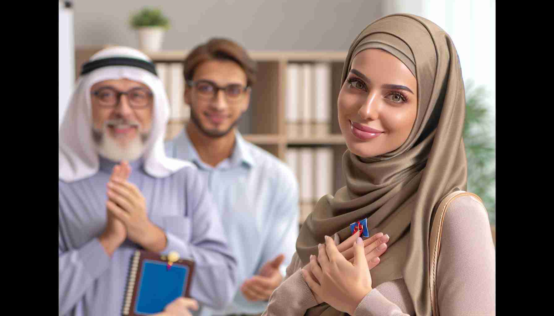 Realistic high-definition picture of a Middle Eastern female teacher who is being recognized and celebrated for her exceptional contributions to the development of her students.