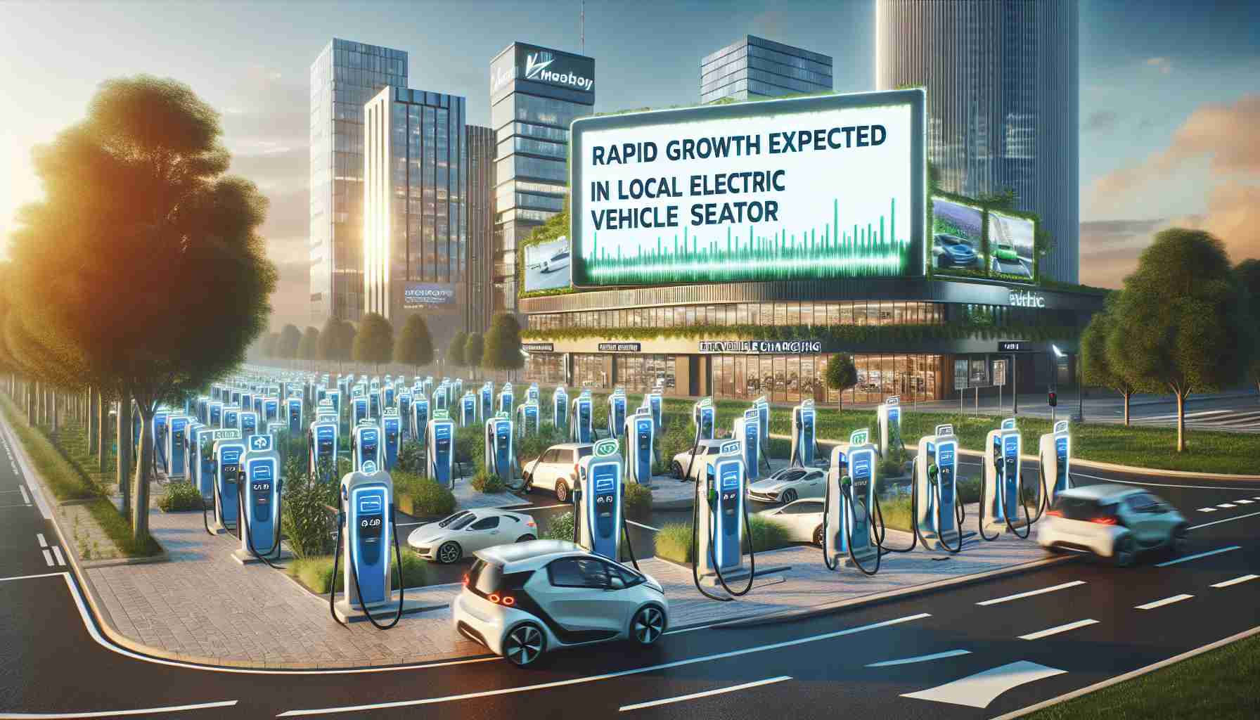 Imaginative display of a significant expansion in the electric vehicle sector of a small city, represented by numerous electric vehicle charging points appearing in urban and suburban areas, electric vehicles on the roads, modern buildings displaying green energy efficiencies, and billboards announcing the arrival of new electric vehicle models. A ticker headline on local news channels stating 'Rapid Growth Expected in Local Electric Vehicle Sector'. Ensure the image looks realistic and is HD quality.