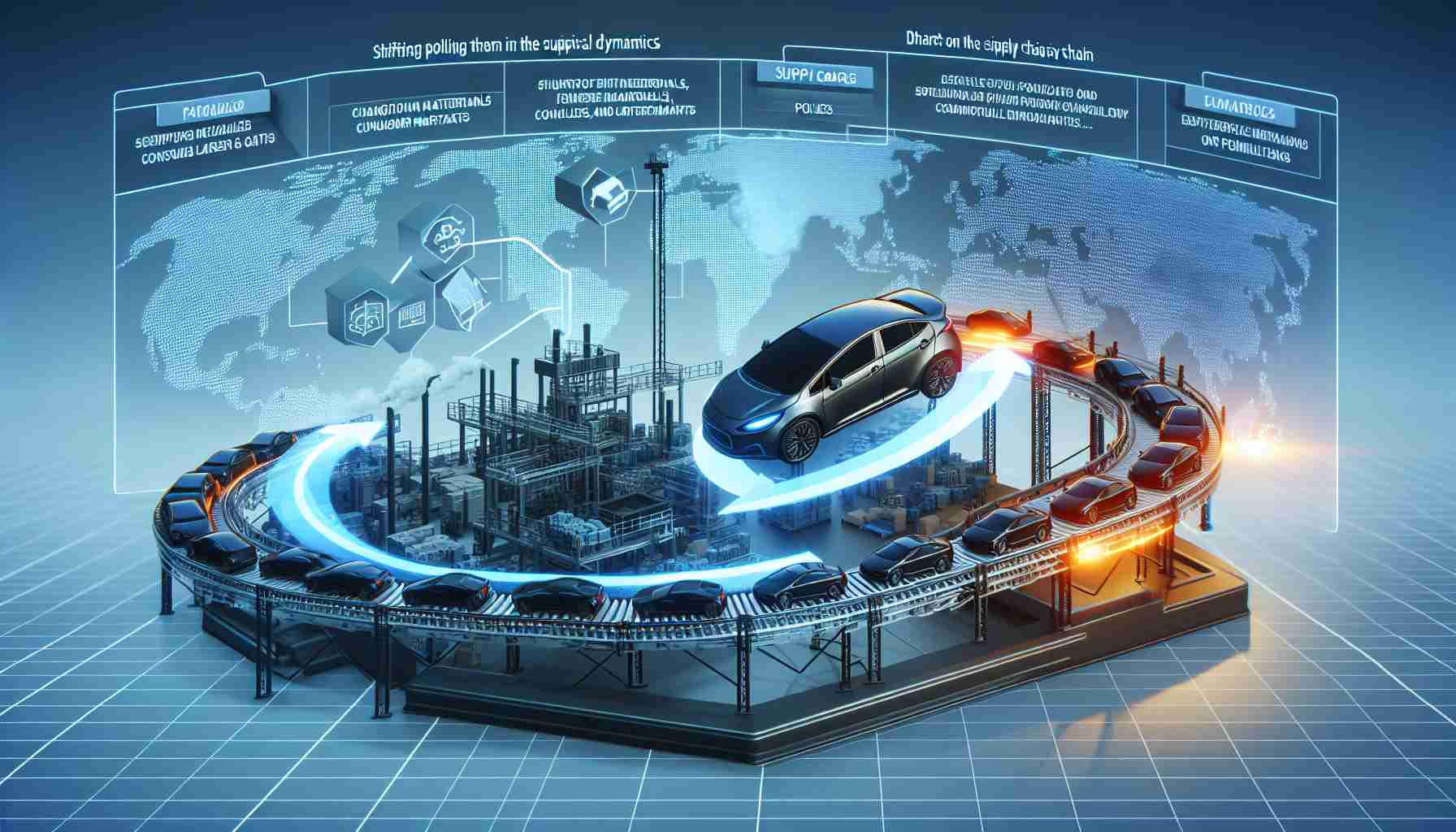 A high-definition, realistic depiction visualizing the impact of shifting political dynamics on the supply chain of electric vehicles. It may include several elements such as maps indicating locations of key materials, factories, and consumer markets, graphics representing changing policies, regulations, or treaties, and symbolic imagery such as electric cars on a conveyor belt being affected by these changes. This visualization should not include actual politicians or specific political parties.