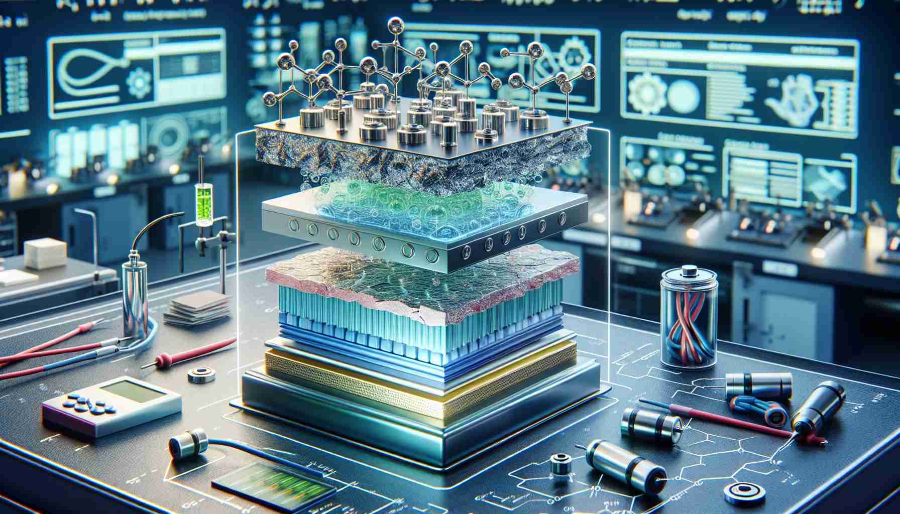 An image depicting the innovation of solid-state sodium-ion technology which is revolutionizing battery technology. Show layers of an advanced solid-state sodium-ion battery that exemplifies the leap in energy storage technology. These advanced batteries have a solid-state electrolyte layer, sodium-ion conductive layer, and other intricate components. Depict all these components in distinct colors for clear understanding. The setting could be an advanced research lab with appropriate safety equipment, lab instruments, and high tech machinery around.