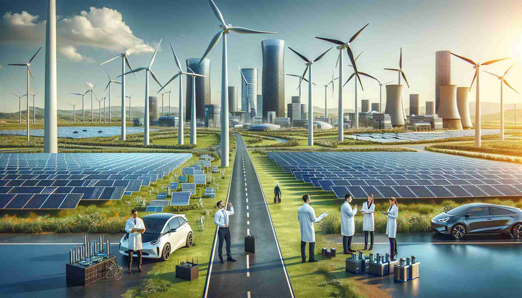 A high-definition and realistic picture that showcases the revolution of sustainable energy solutions. The scene includes various methods of sustainable energy such as a towering wind turbine with smooth, streamlined blades circulating in the clear sky, a vast array of blue-black solar panels soaking up the sun in an empty field, and engineers, both male and female from diverse descents like Caucasian, Asian, and Black, working on advanced battery technology. There is a backdrop of a green city with innovative energy efficient buildings and electric cars on roads.