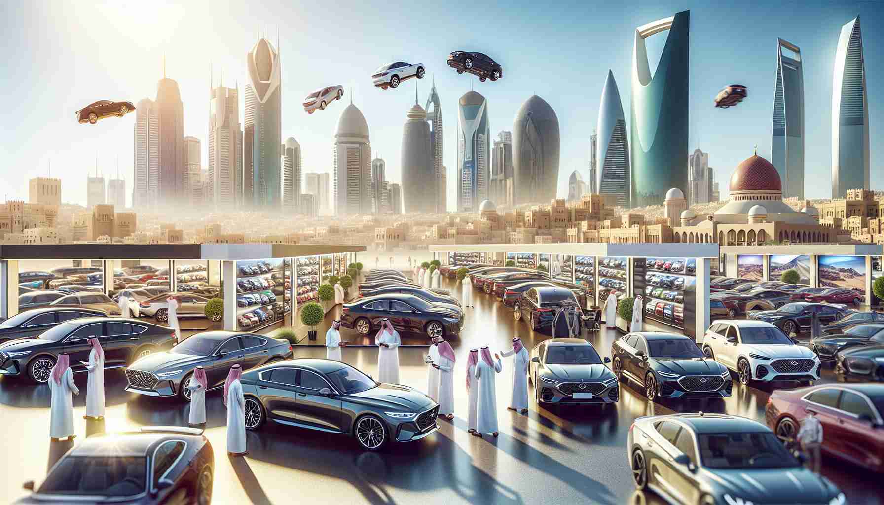 A high-definition, realistic image showcasing the growth of the automotive market in Saudi Arabia. Picture several car dealerships with diverse arrays of vehicles, ranging from sedans to SUVs, all brands new and shining on display. People, of varying descents such as Middle Eastern and Caucasian, and genders are seen inspecting the cars, with some engaged in negotiations with the sales representatives. The backdrop shows a bustling city, encompassing modern skyscrapers, traditional architecture, and the vast desert landscape. The bright sun illuminates the market, symbolizing the rise of this sector in the economy.