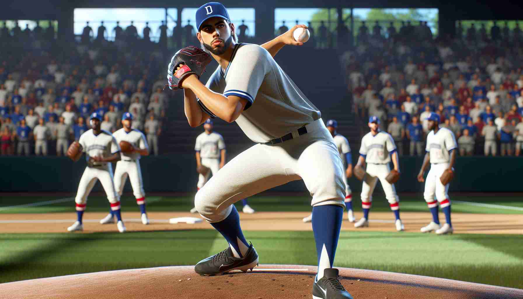 High-definition, realistic image of an accomplished baseball player performing at the peak of his career in 2026. He is showing exceptional pitching prowess on a well-lit baseball diamond, surrounded by teammates and competitors. He's right-handed, of Dominican descent, with a medium build, wearing the traditional uniform with a cap.