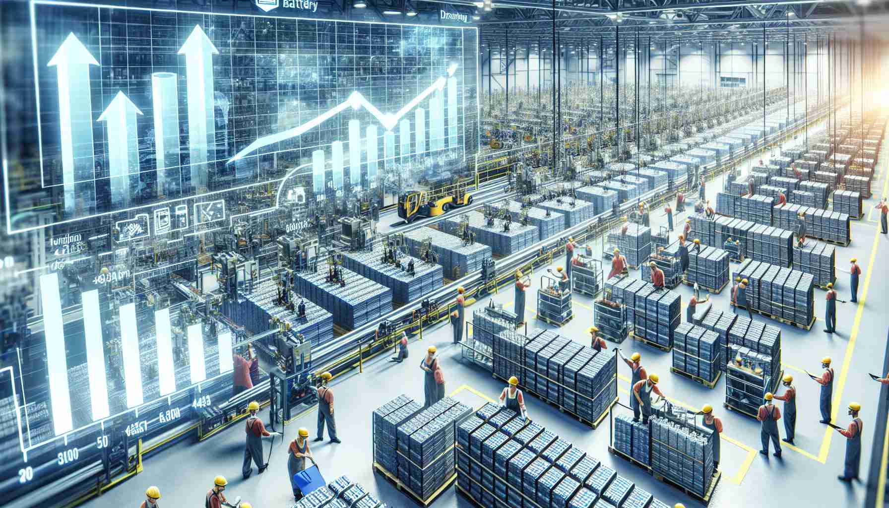 A detailed, high-definition image of the increasing American battery production scenario. Visualize a bustling industry where workers of diverse descent and genders are collaboratively engaged in various stages of the battery manufacturing process. The logistic lines are filled with numerous stacked battery packs ready for shipment, and charts on a digital screen illustrating the significant growth in production. The photo should highlight the sense of innovation and technological advancement in the field.