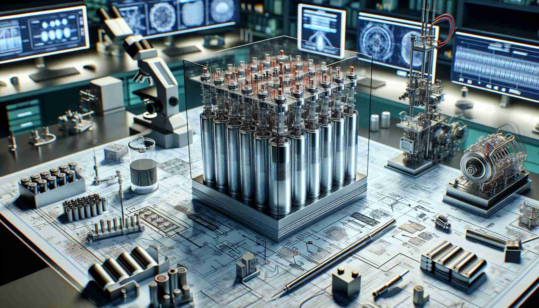 A high-definition image representing revolutionized battery technology. The focus of this image is on the innovative approach of a hypothetical company named 'Lyten'. The scene unfolds in a state-of-the-art laboratory setting, showcasing prototypes of advanced energy storage devices. Equipment, diagrams, and 3D models of complex battery structures, possibly lithium-ion or similar, are part of the composition. The battery's components such as cathodes, anodes, and electrolytes should be highlighted in a detailed and aesthetically pleasing way. The overall feel of the image should communicate progress, innovation, and a bold leap towards the future in energy storage technology.