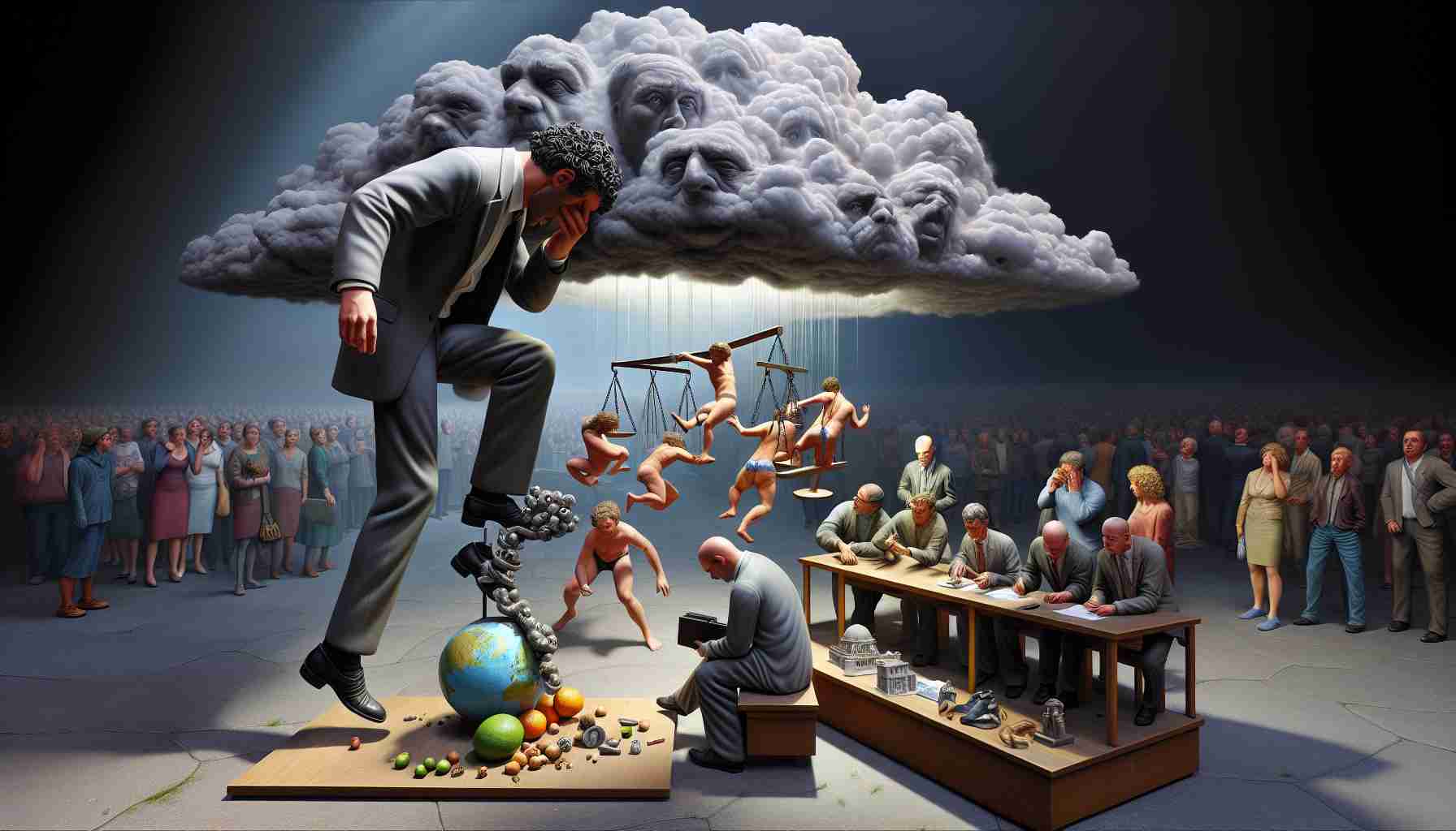 A highly detailed and realistic scene of an average man with undefined descent, exhibiting peculiar behavior in a public setting, with the result of several charges being represented metaphorically by a looming storm cloud overhead. The man appears engrossed in his bizarre actions, oblivious to the consequences symbolised by the storm cloud. On the sidelines, a crowd observes with shock and curiosity, each from varied descents and genders, accentuating the local nature of the scenario.