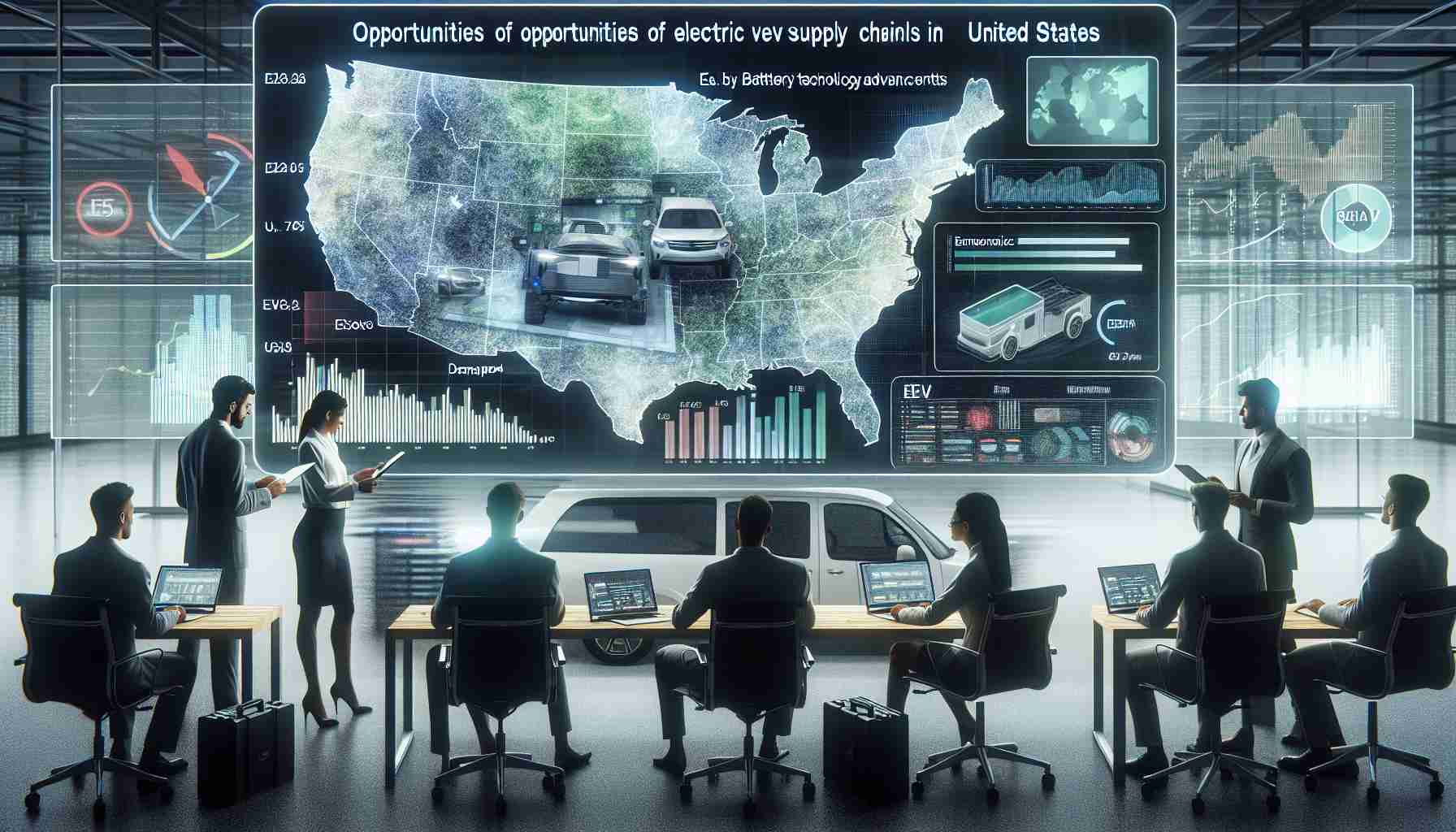 A high-definition, realistically rendered image that showcases the exploration of opportunities for electric vehicle supply chain investments in the United States. This could include visages of professionals like economists and engineers, working with data visuals related to EV demographics, demand forecasts, battery technology advancements, and green energy policies. The setting may be an office with digital displays and a large U.S. map overlayed with EV supply chain data.