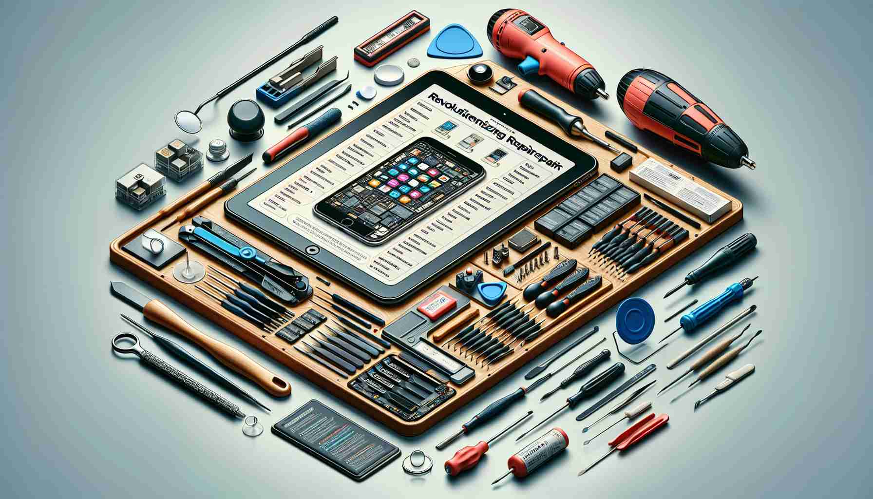 Create a highly detailed, realistic image of a DIY smartphone repair kit that showcases revolutionizing the smartphone repair process. The kit should contain all the essential tools and parts necessary to fix common issues in smartphones, such as a set of precision screwdrivers, various-sized spudgers, tweezers, a suction cup, a heat gun, and replacement parts like screens and batteries. Also, emphasize user-friendly instructions displayed on a tablet, making the repair process comprehensive and approachable for all users.