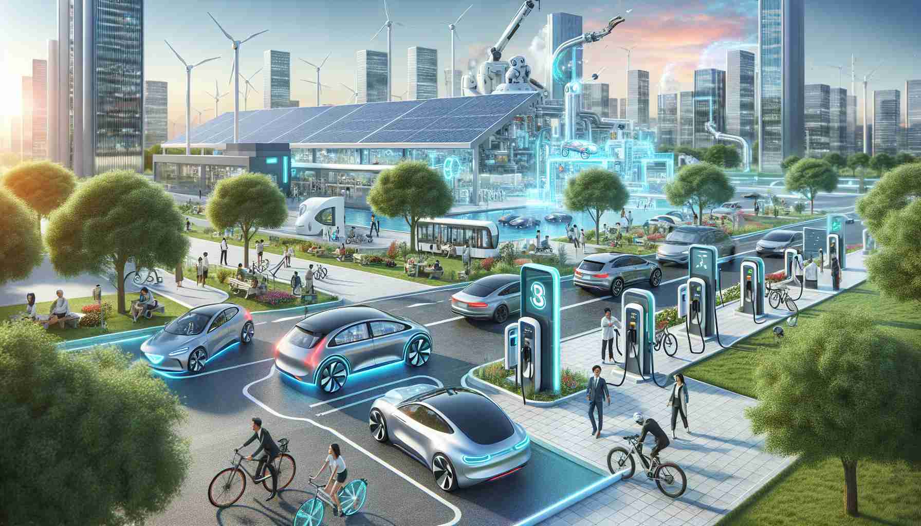 A high definition, realistic depiction of the future of electric vehicles showcasing innovative technologies and opportunities. The scene includes a technologically advanced urban environment with charging stations, electric cars of various designs, cyclists and pedestrians showing diverse racial and gender composition. The futuristic city also features green spaces and solar panels to symbolize sustainable energy. Furthermore, a view of advanced factories in the background manufacturing electric vehicles along with robots working on the assembly lines adds an industrial touch to the image.