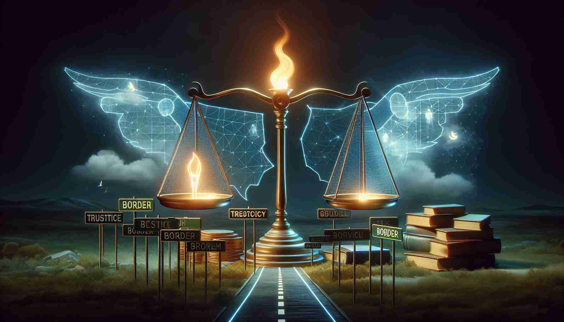 Realistic, high-definition illustration of a metaphorical interpretation of reforming accountability measures for an unspecified country's border patrol. This could include elements like a balance scale representing justice, a glowing torch implying transparency, border signs to underscore the notion of patrol, and pathways demonstrating the concept of reform.