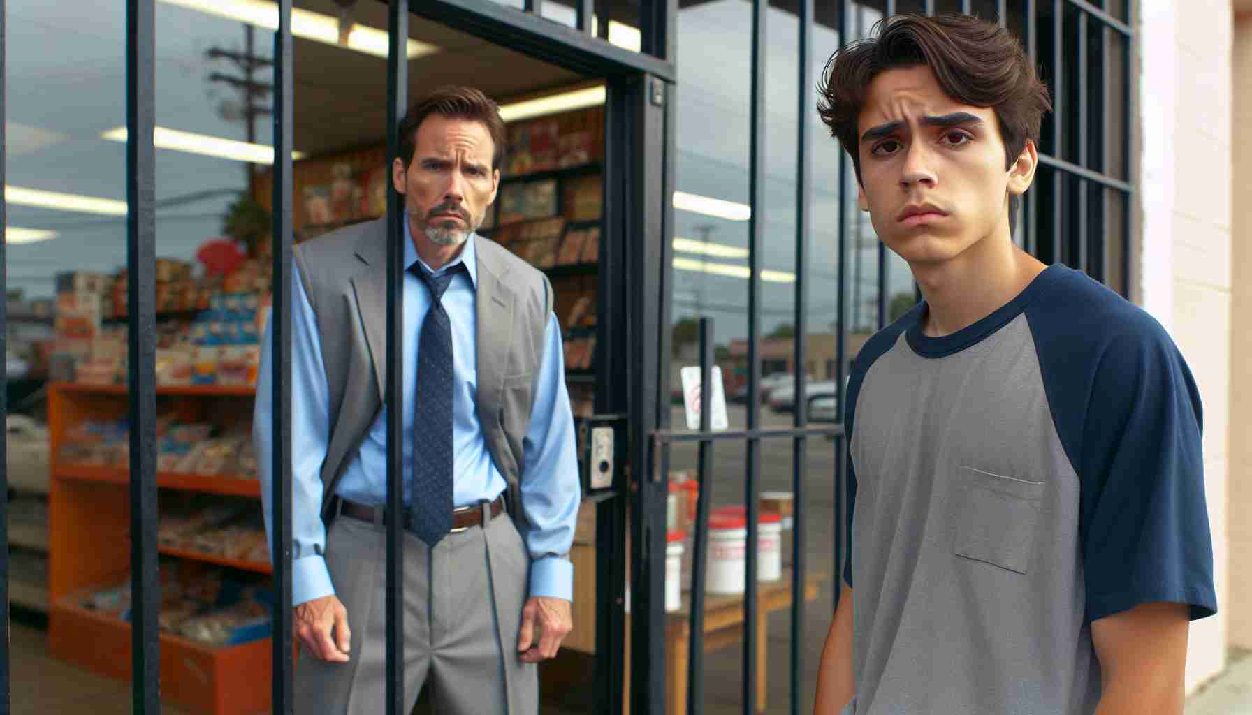 Generate a realistic HD image of a adult man, wearing a prison uniform, standing outside a store while a teenage employee, possibly of Hispanic descent and male, watches nervously from inside. Interpret the scene in a way that does not depict any violence but signifies a tension-infused atmosphere because of the mentioned convict's past. Please ensure to maintain respect for the involved figures while displaying the gravity of the situation.