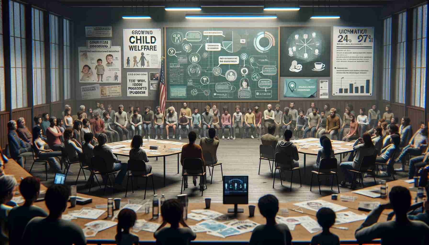 Generate a realistic, high-definition image that captures the growing worries about child welfare in a local community. The scene could include a group of people gathered in a town meeting discussing the issue, with expressions of concern on their faces. There should also be various related symbols or representations, like pamphlets about child welfare programs, posters advocating for child protection, and perhaps even a billboard or digital screen displaying statistics about the issue. The setting is a community hall, and it's important to portray the somber mood of the meeting.